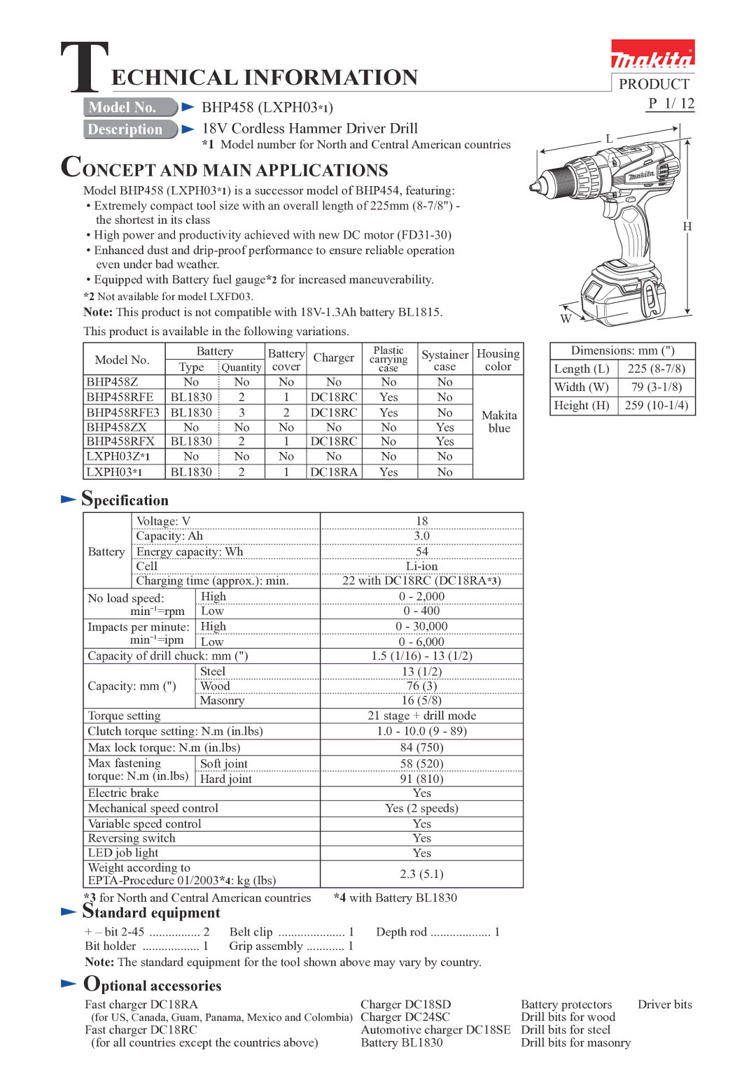 Makita BHP458 (LXPH03*1) dimensions Technical Information 