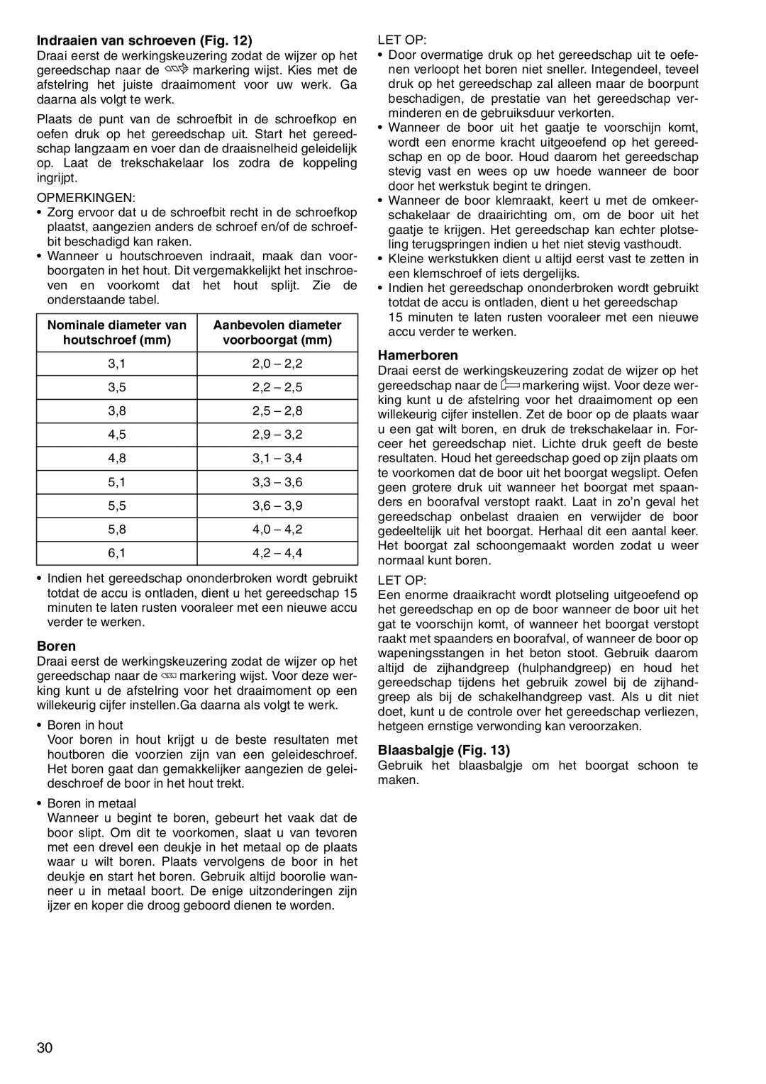 Makita BHP460 instruction manual Indraaien van schroeven Fig, Boren, Hamerboren, Blaasbalgje Fig 