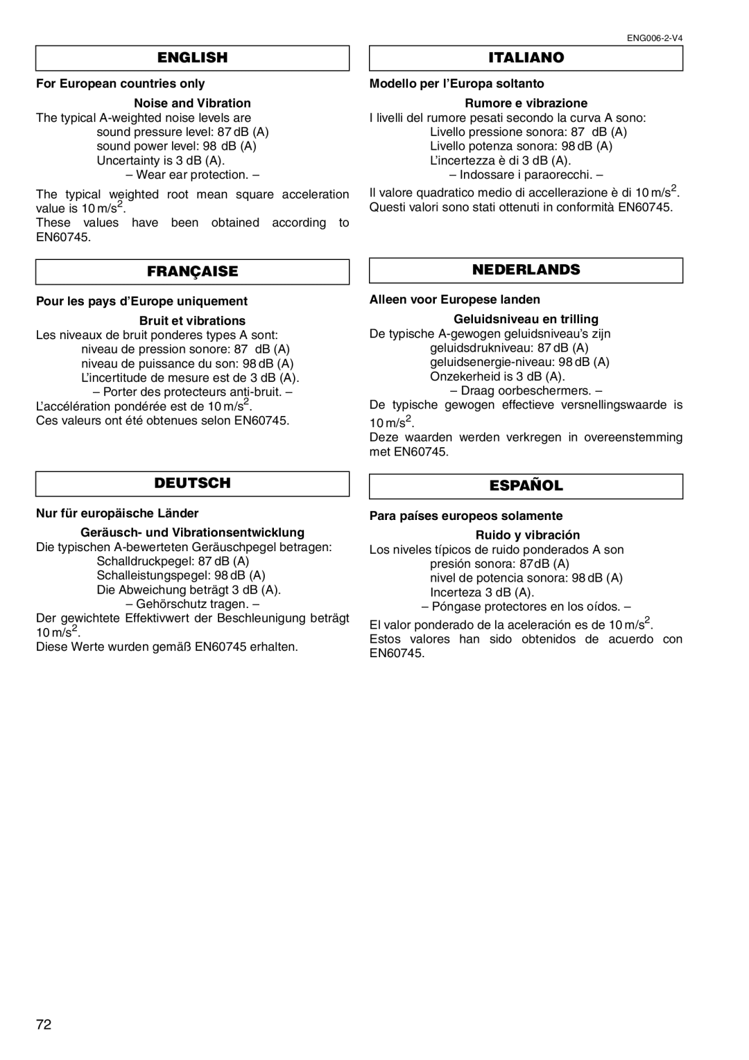 Makita BHP460 instruction manual English, Italiano, Française, Nederlands, Deutsch Español 