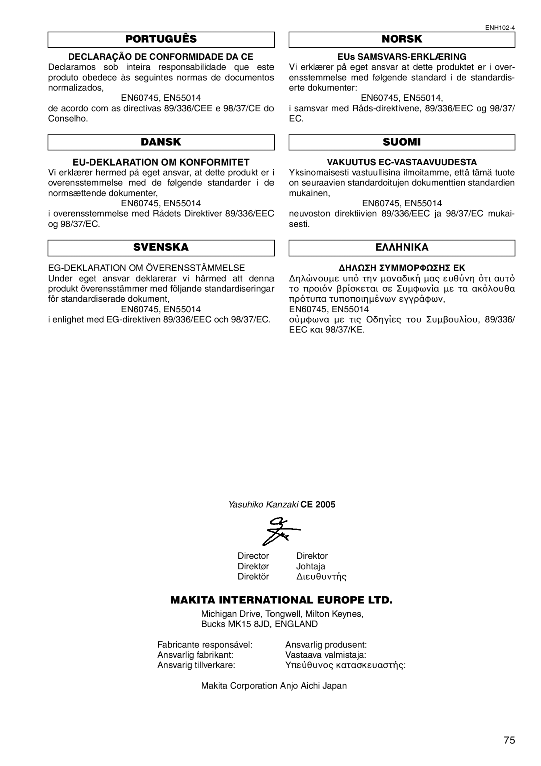 Makita BHP460 instruction manual Dansk, Svenska Ελληνικα, EUs SAMSVARS-ERKLÆRING 