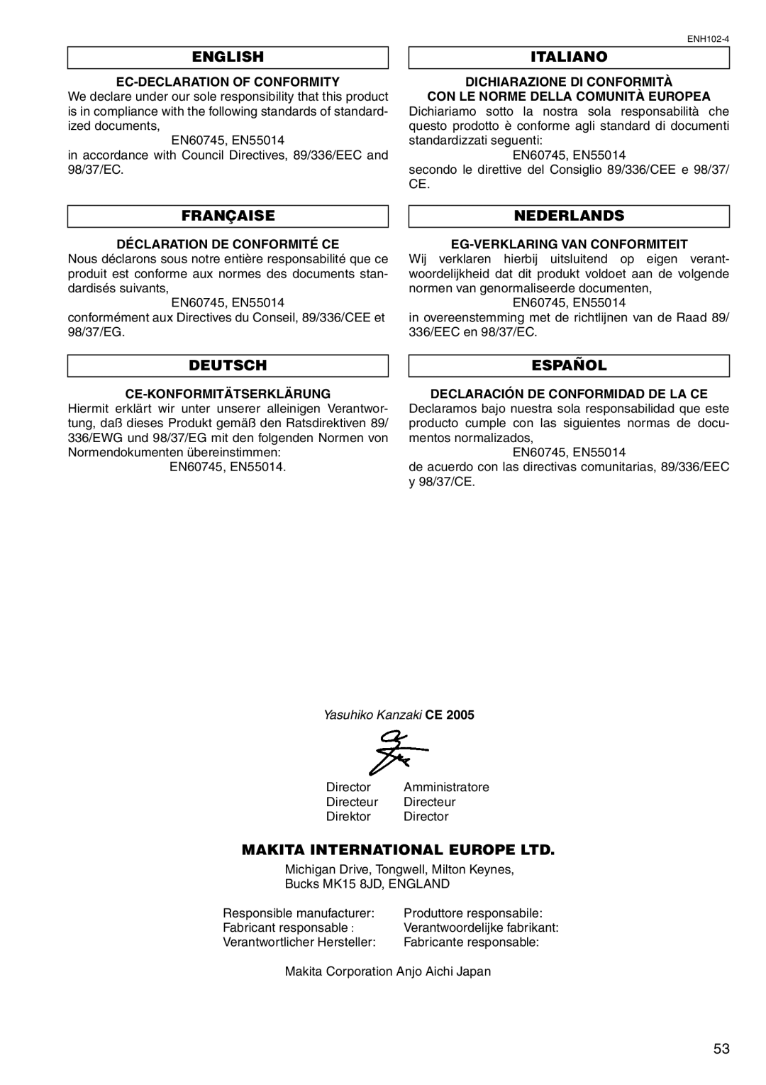 Makita BHR200 instruction manual English, Italiano, Française, Nederlands, Deutsch, Español 