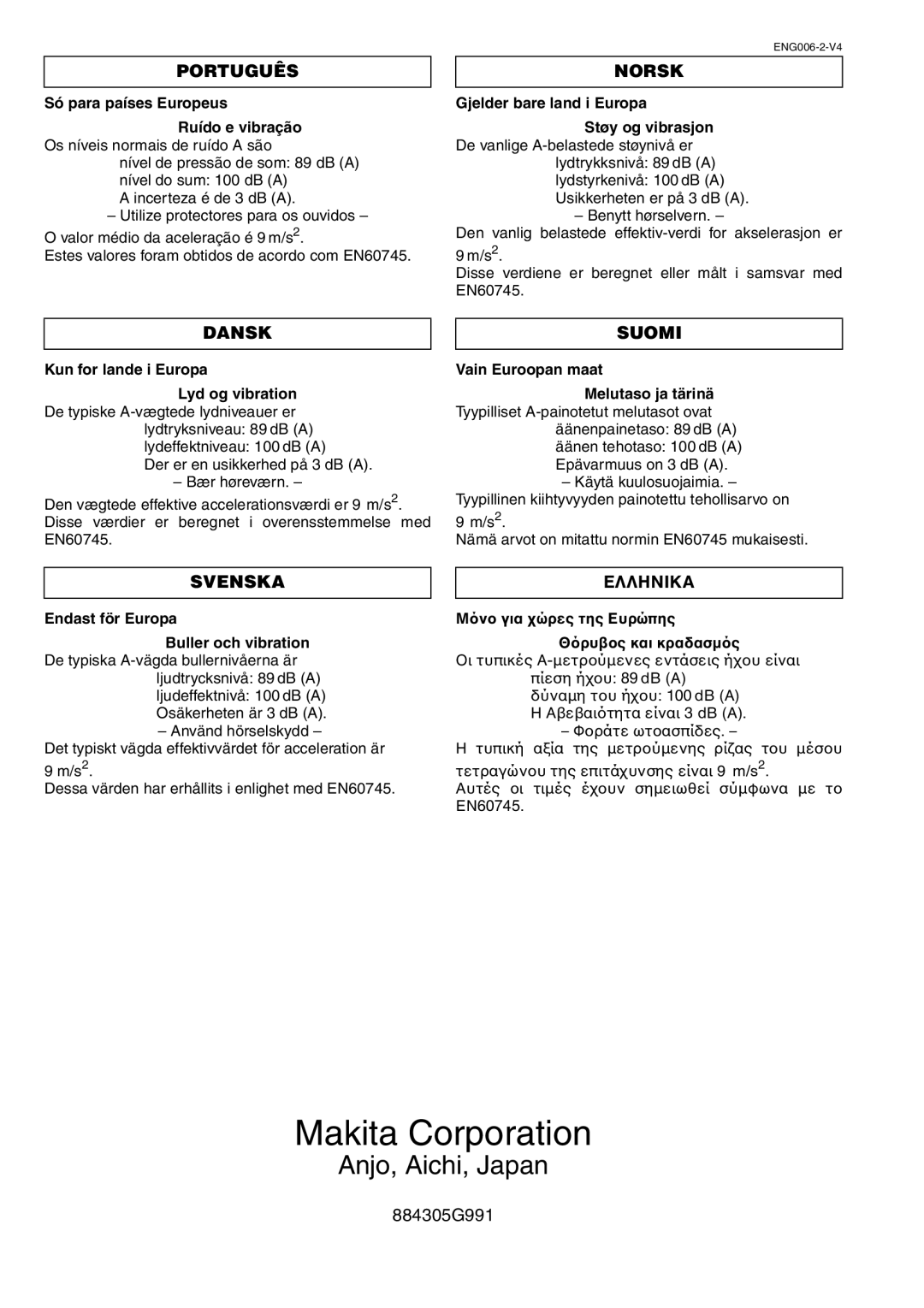 Makita BHR200 instruction manual Só para países Europeus Ruído e vibração, Gjelder bare land i Europa Støy og vibrasjon 