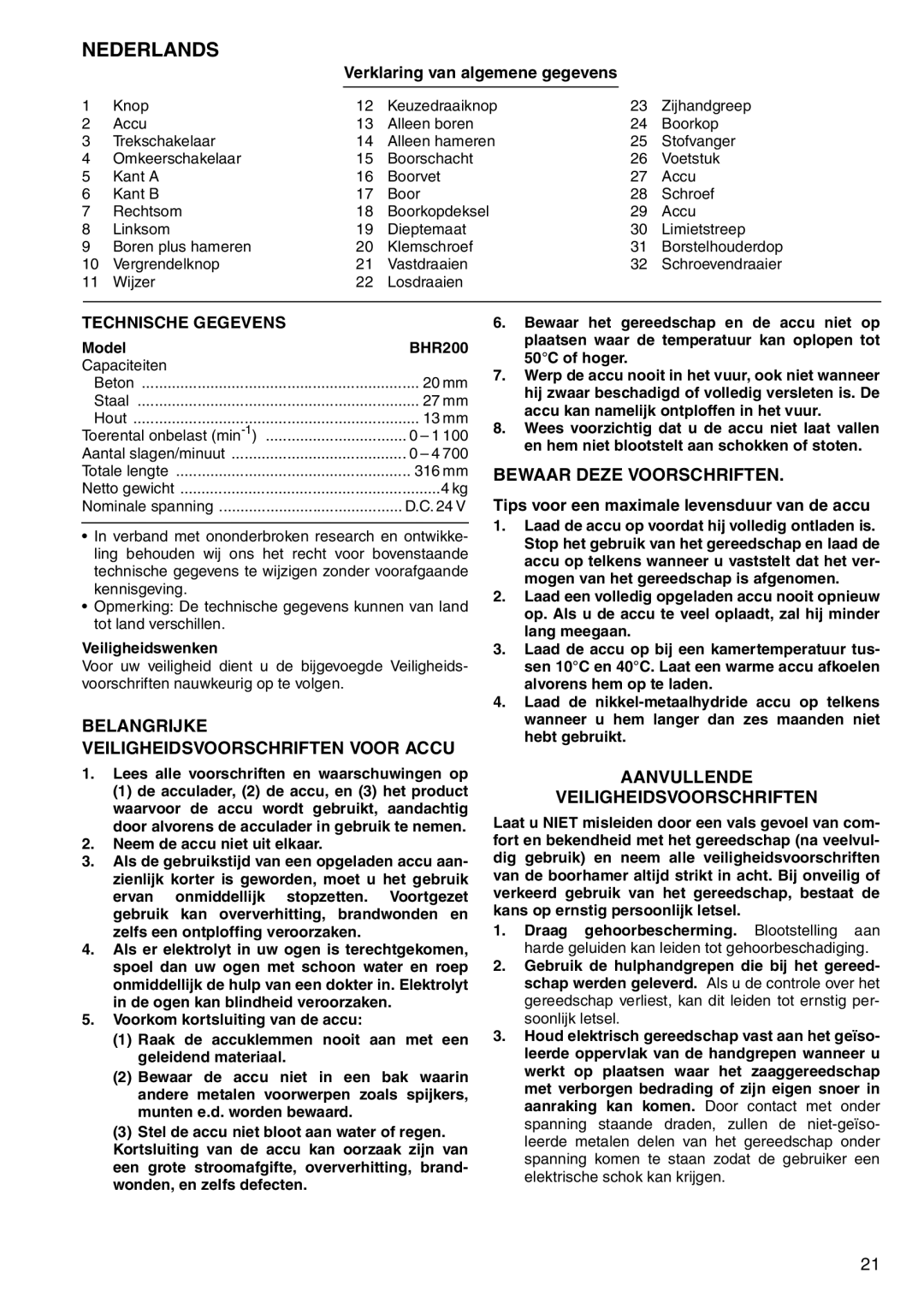 Makita BHR200 Belangrijke Veiligheidsvoorschriften Voor Accu, Bewaar Deze Voorschriften, Technische Gegevens 