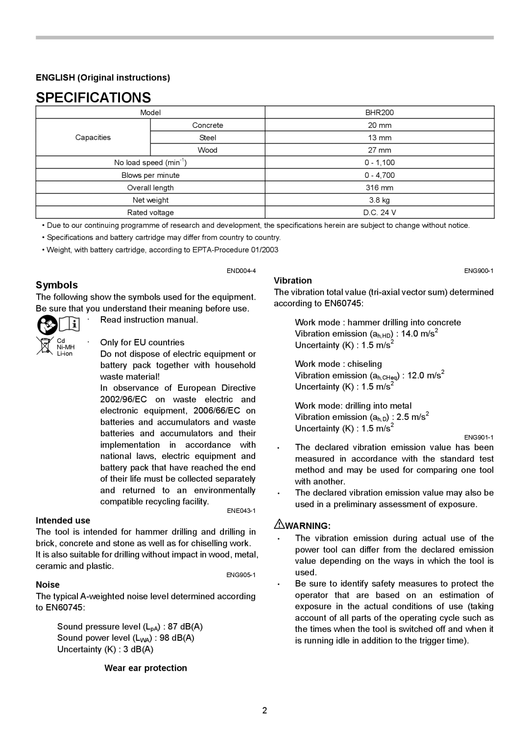 Makita BHR200 instruction manual Specifications, Symbols 