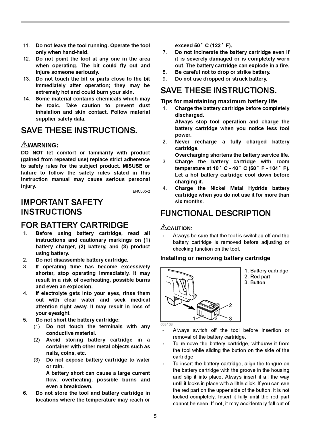 Makita BHR200 Important Safety Instructions For Battery Cartridge, Functional Description, Exceed 50 ﾟ C 122 ﾟ F 