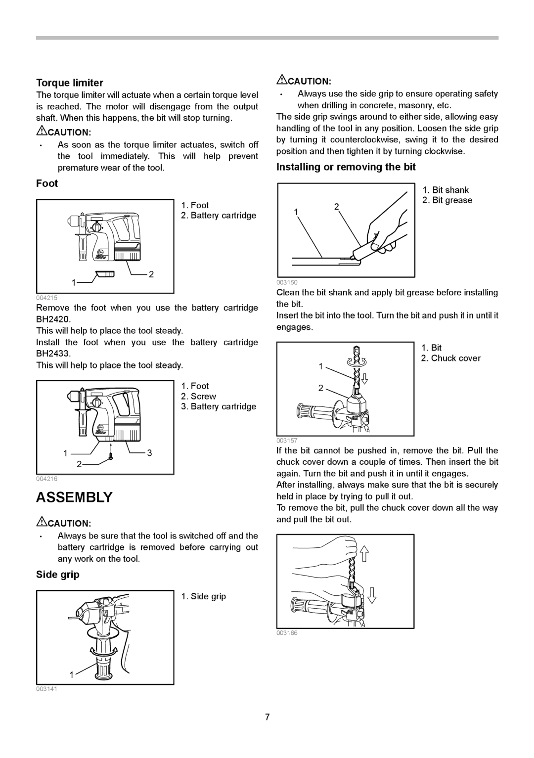 Makita BHR200 instruction manual Assembly, Torque limiter, Foot, Installing or removing the bit, Side grip 