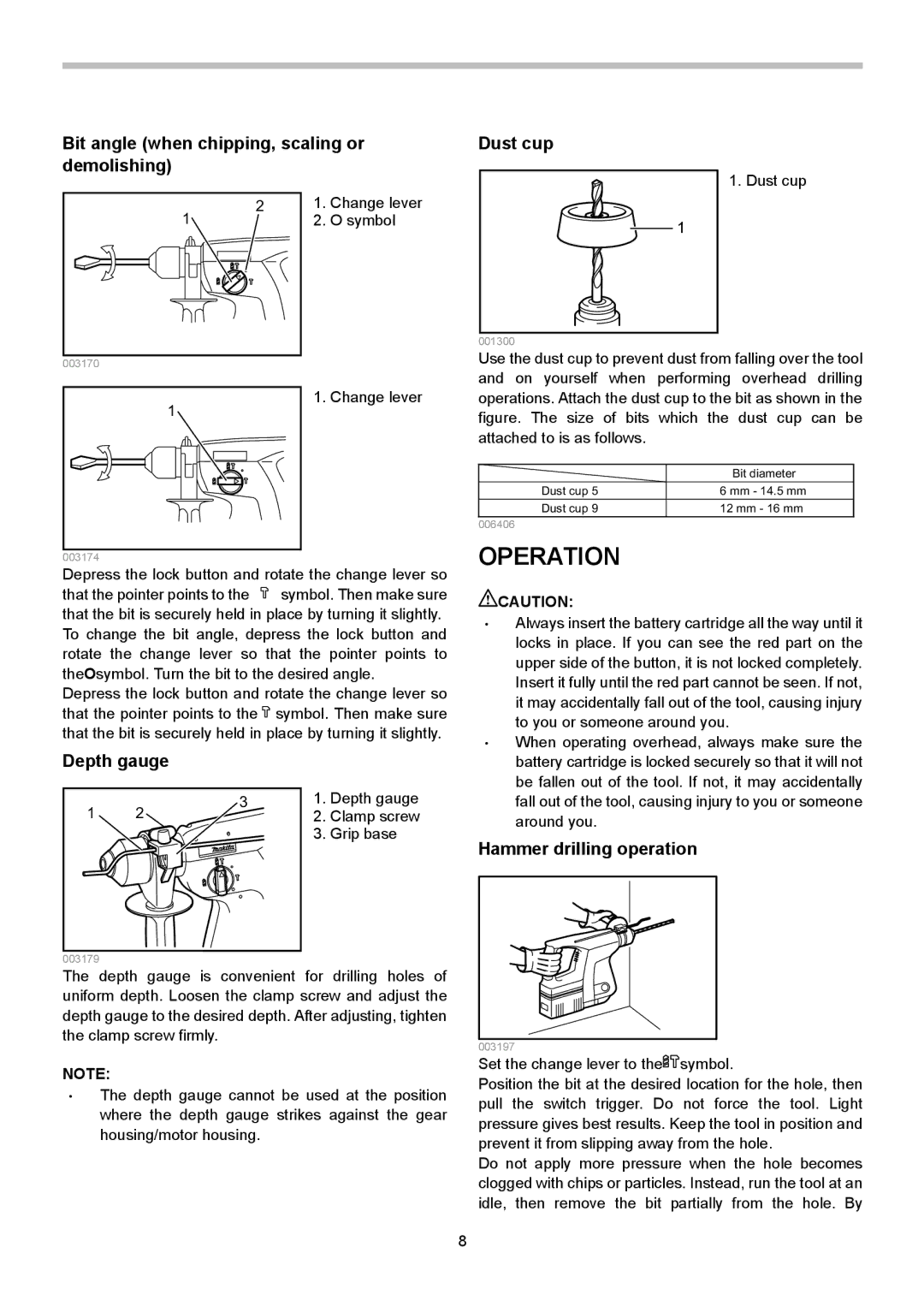 Makita BHR200 Operation, Bit angle when chipping, scaling or demolishing Dust cup, Depth gauge, Hammer drilling operation 