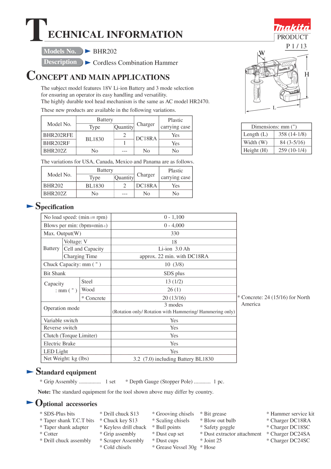 Makita BHR202 specifications Specification, Standard equipment, Optional accessories 