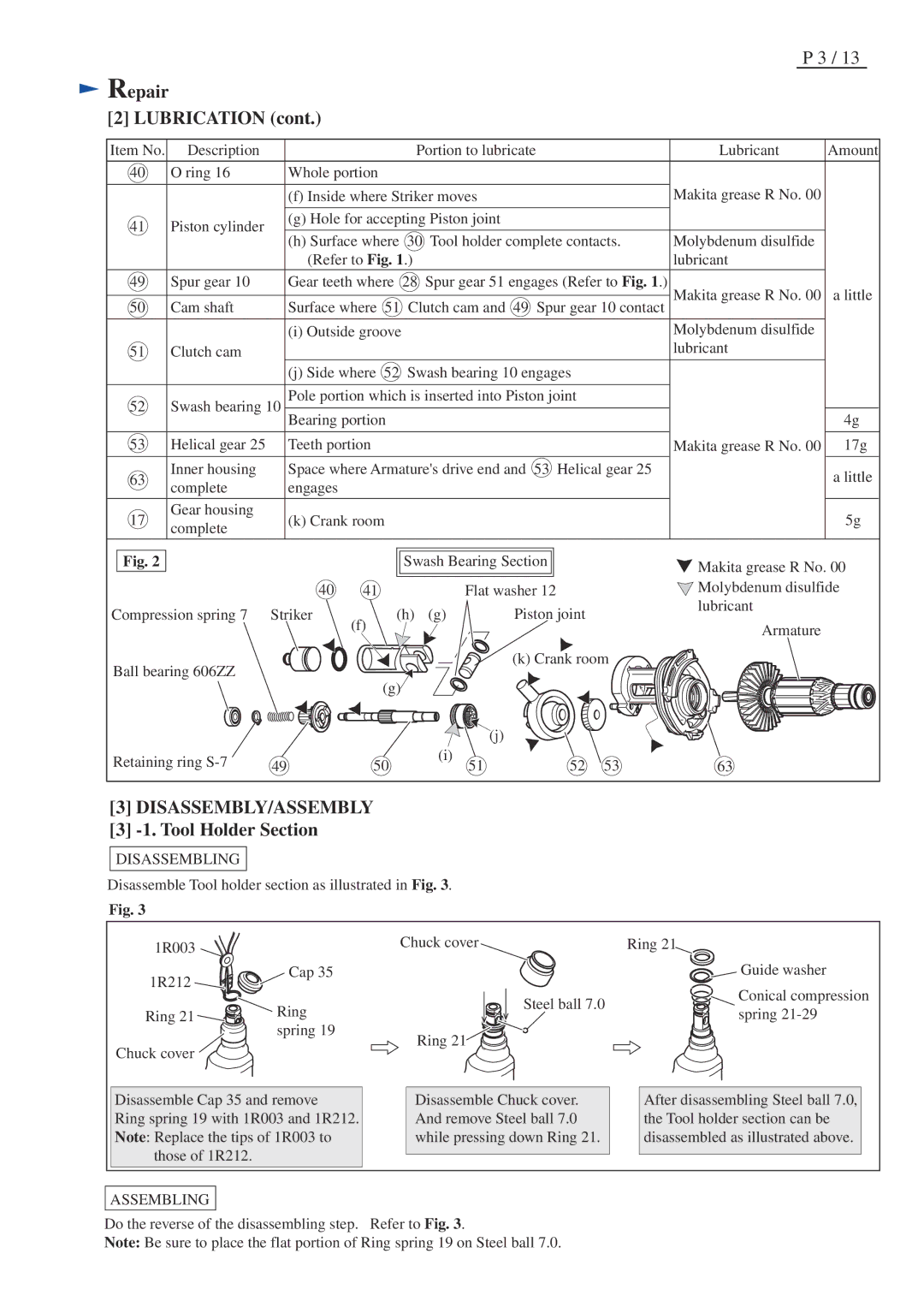 Makita BHR202 specifications Repair Lubrication, Tool Holder Section, Disassembling, Assembling 