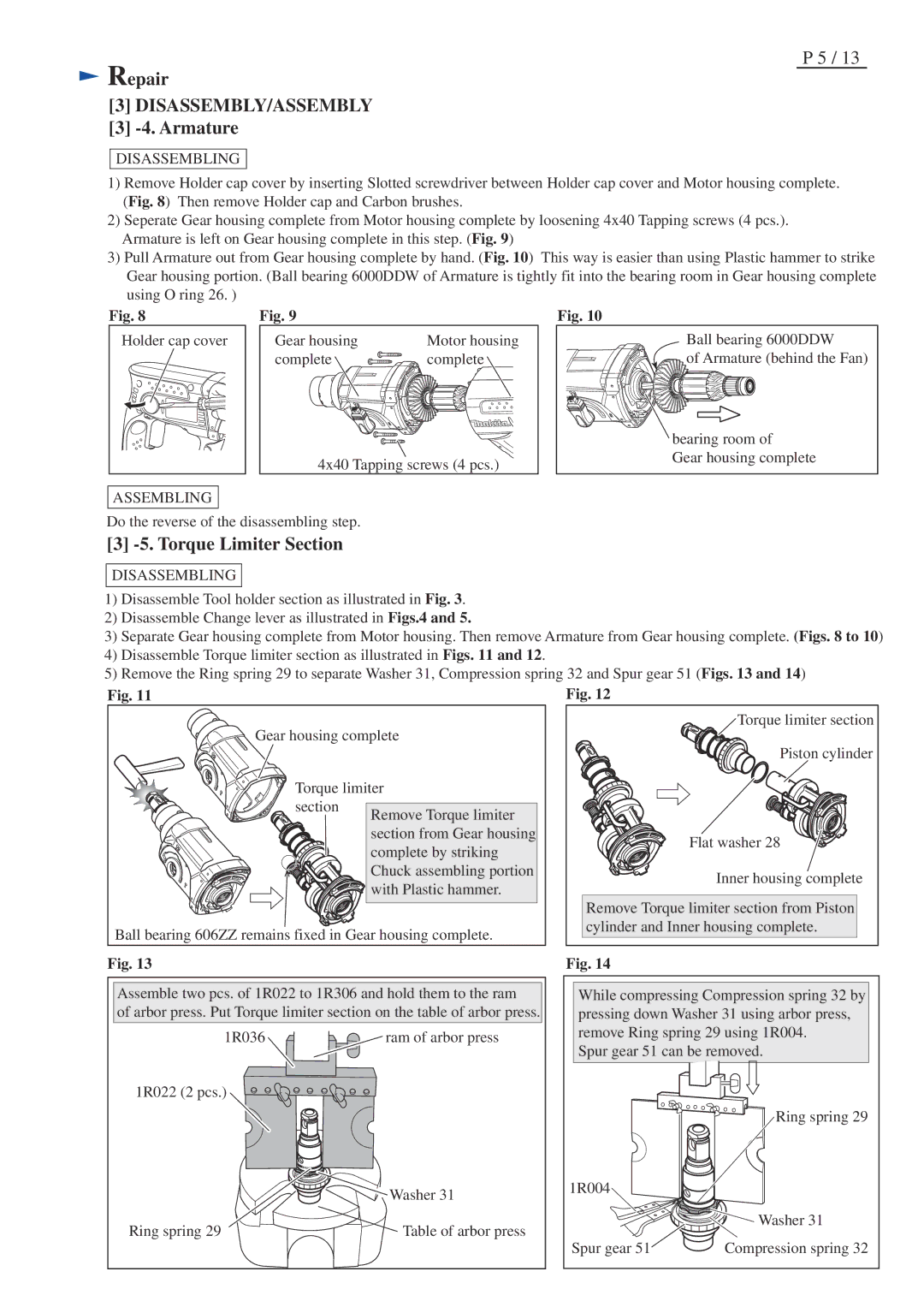 Makita BHR202 specifications Armature, Torque Limiter Section 