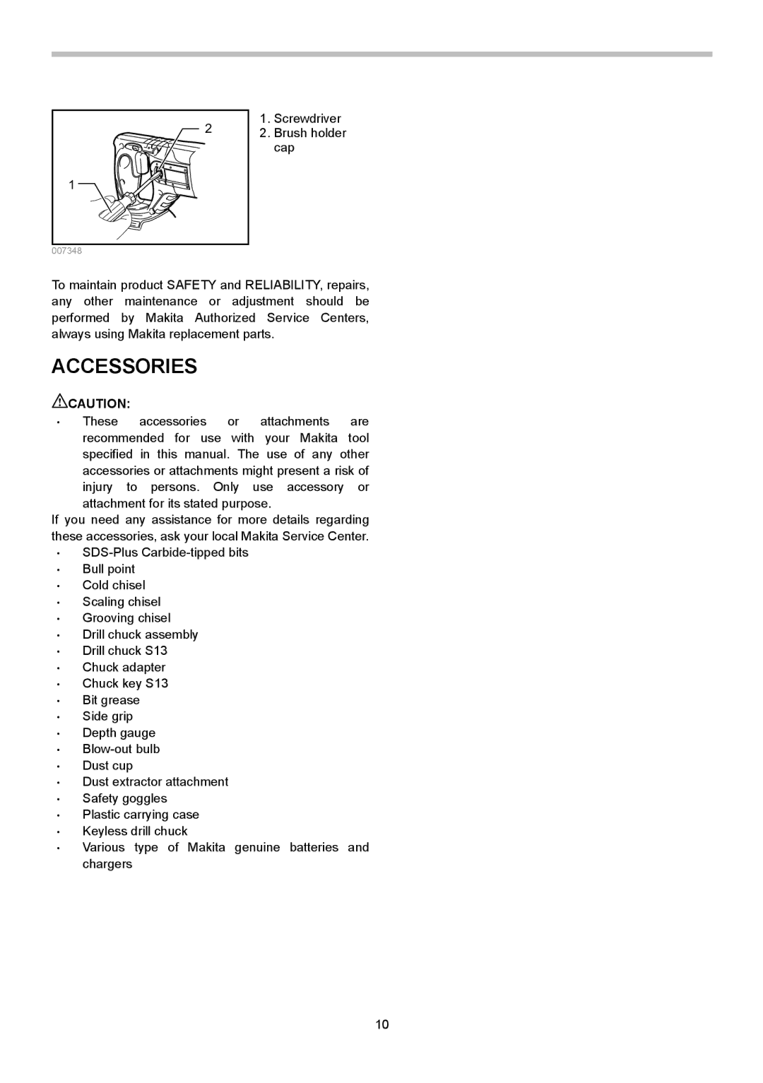 Makita BHR240 instruction manual Accessories 