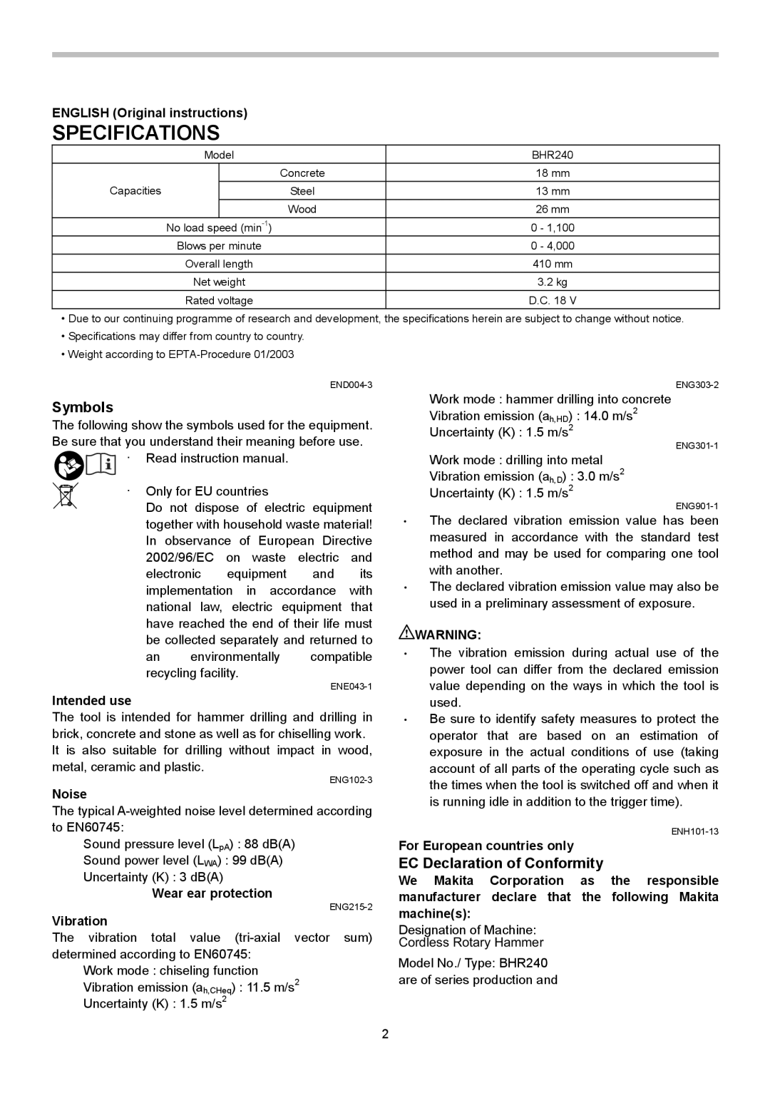 Makita BHR240 instruction manual Specifications, Symbols, EC Declaration of Conformity 