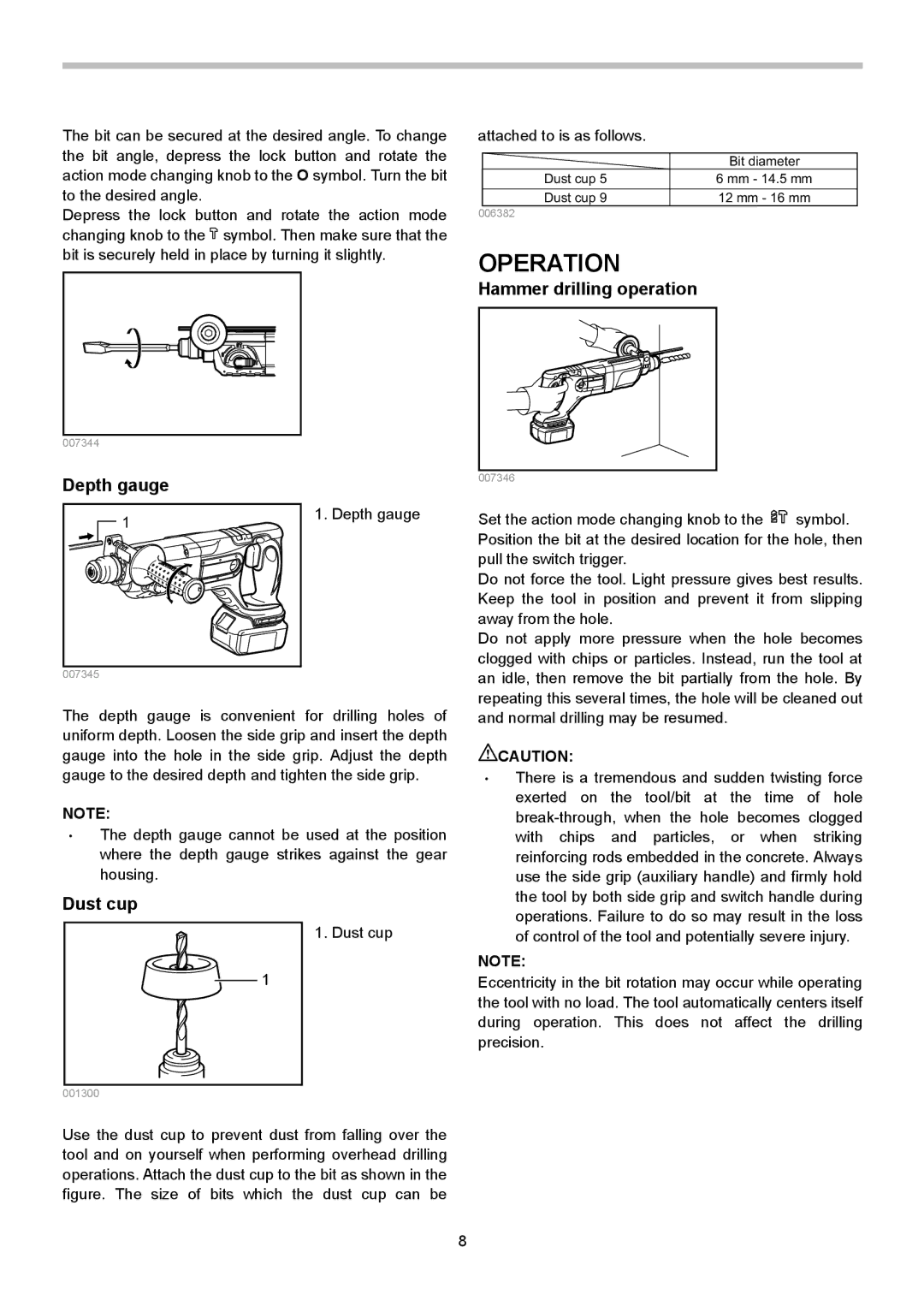 Makita BHR240 instruction manual Operation, Hammer drilling operation Depth gauge, Dust cup 