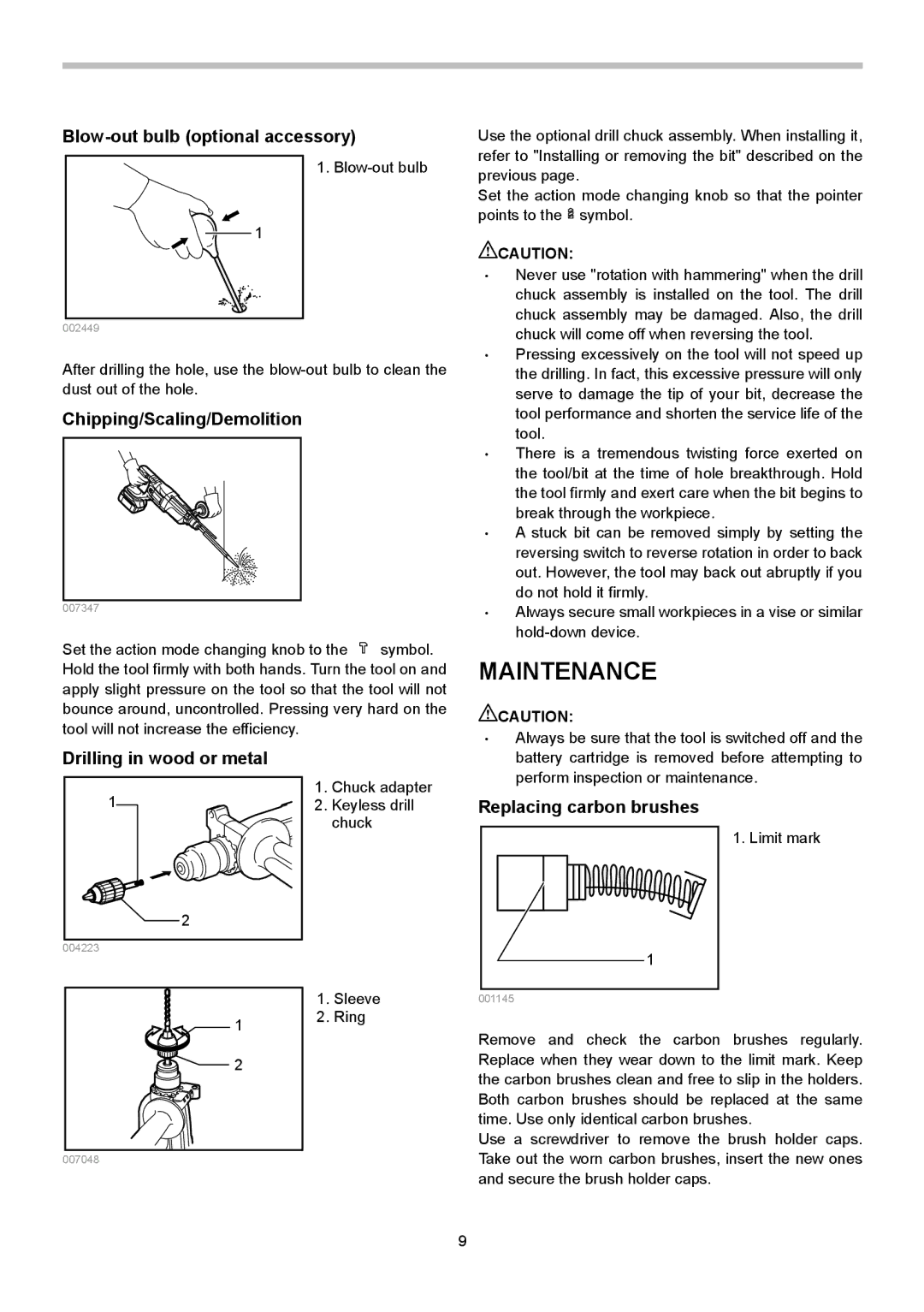 Makita BHR240 Maintenance, Blow-out bulb optional accessory, Chipping/Scaling/Demolition, Drilling in wood or metal 