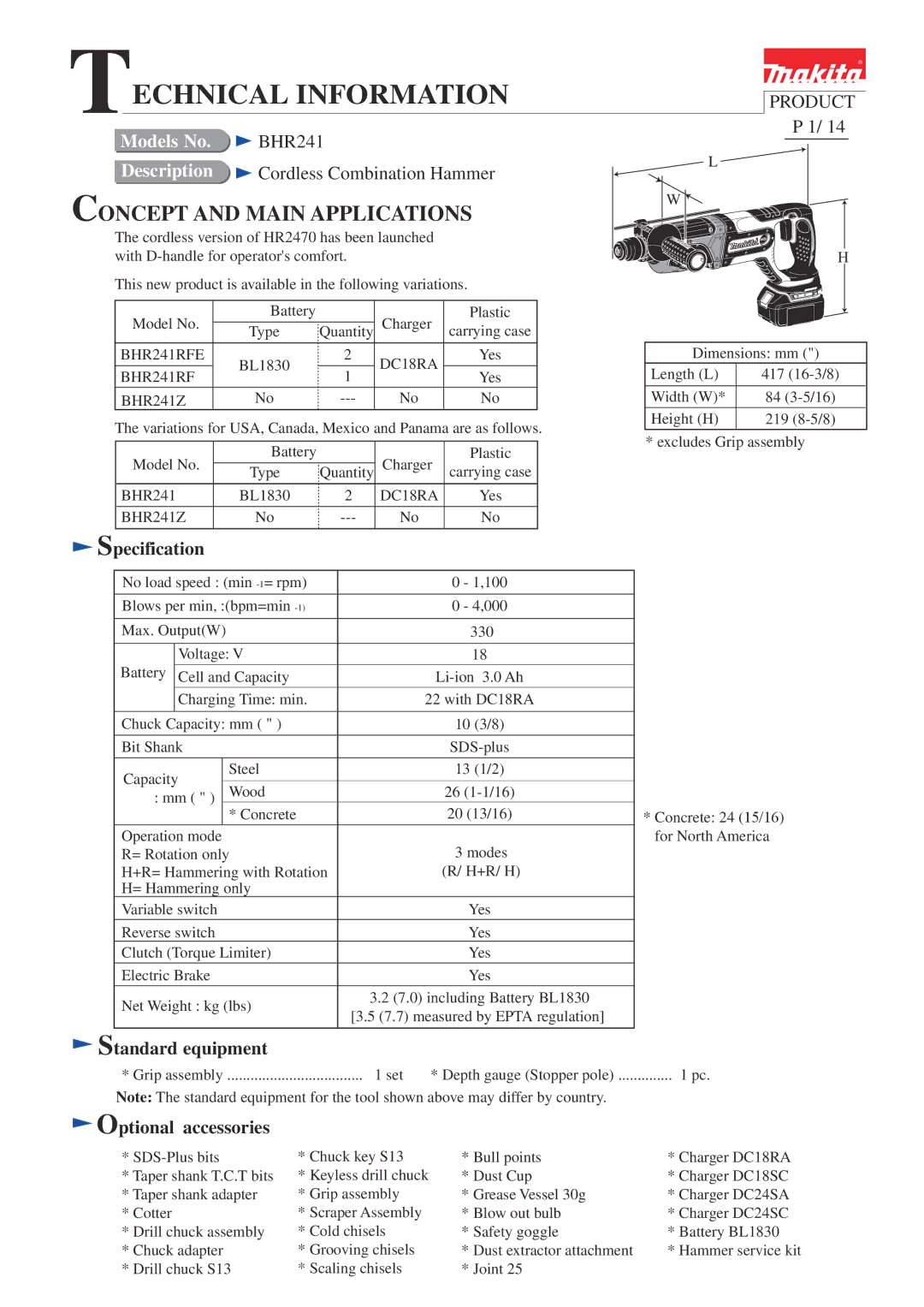 Makita BHR241RFE, BHR241Z specifications Specification, Tandard equipment, Optional accessories 