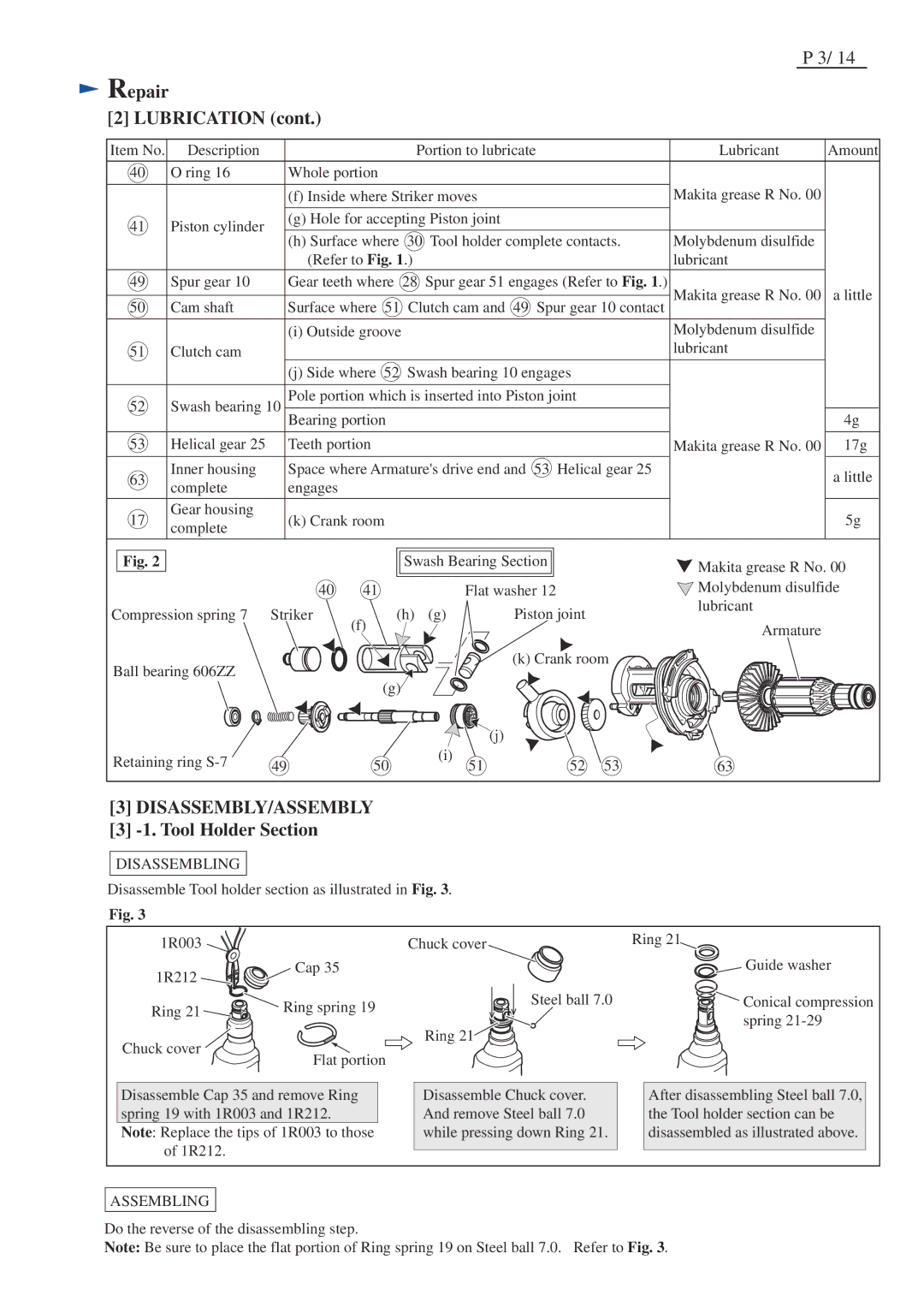 Makita BHR241Z, BHR241RFE specifications Repair Lubrication, Tool Holder Section, Disassembling, Assembling 