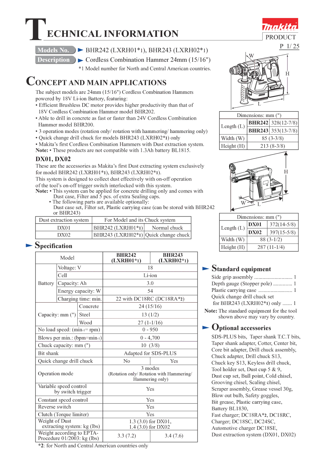 Makita BHR243 (LXRH02*1) specifications DX01, DX02, Specification, Standard equipment, Optional accessories 