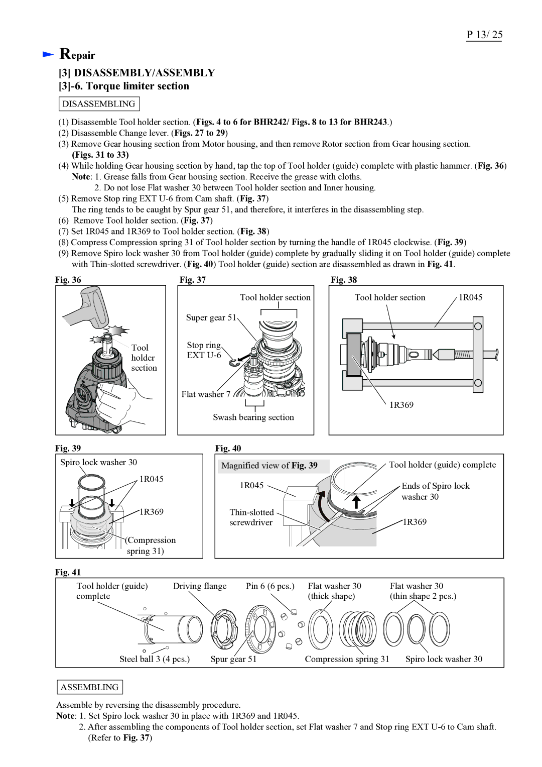 Makita BHR243 (LXRH02*1), BHR242 (LXRH01*1) specifications Torque limiter section, Figs to 