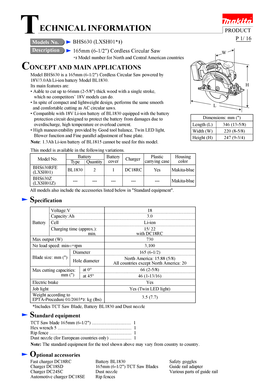 Makita BHS630 dimensions Specification, Standard equipment, Optional accessories 