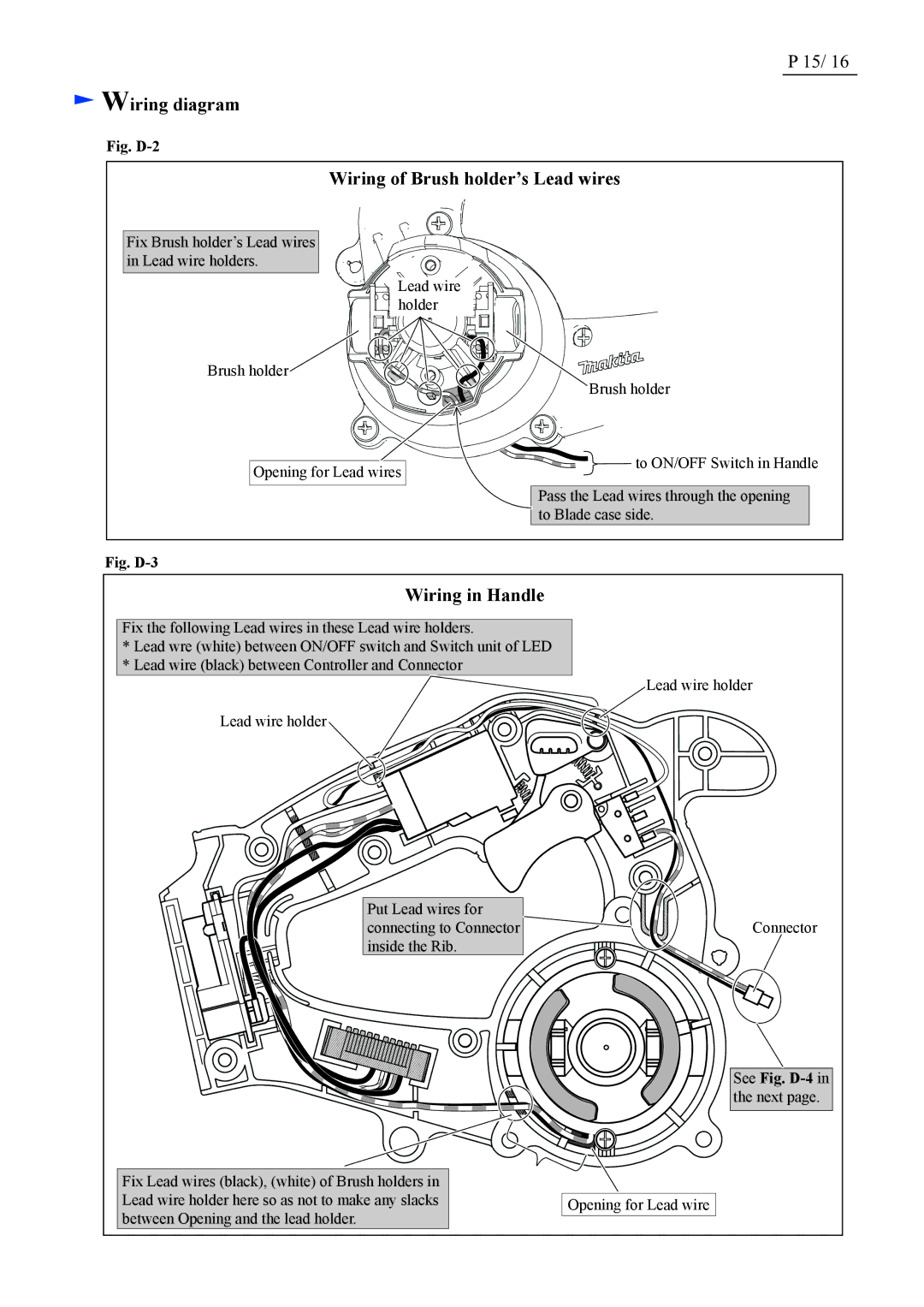 Makita BHS630 dimensions Wiring diagram, Wiring of Brush holder’s Lead wires, Wiring in Handle 