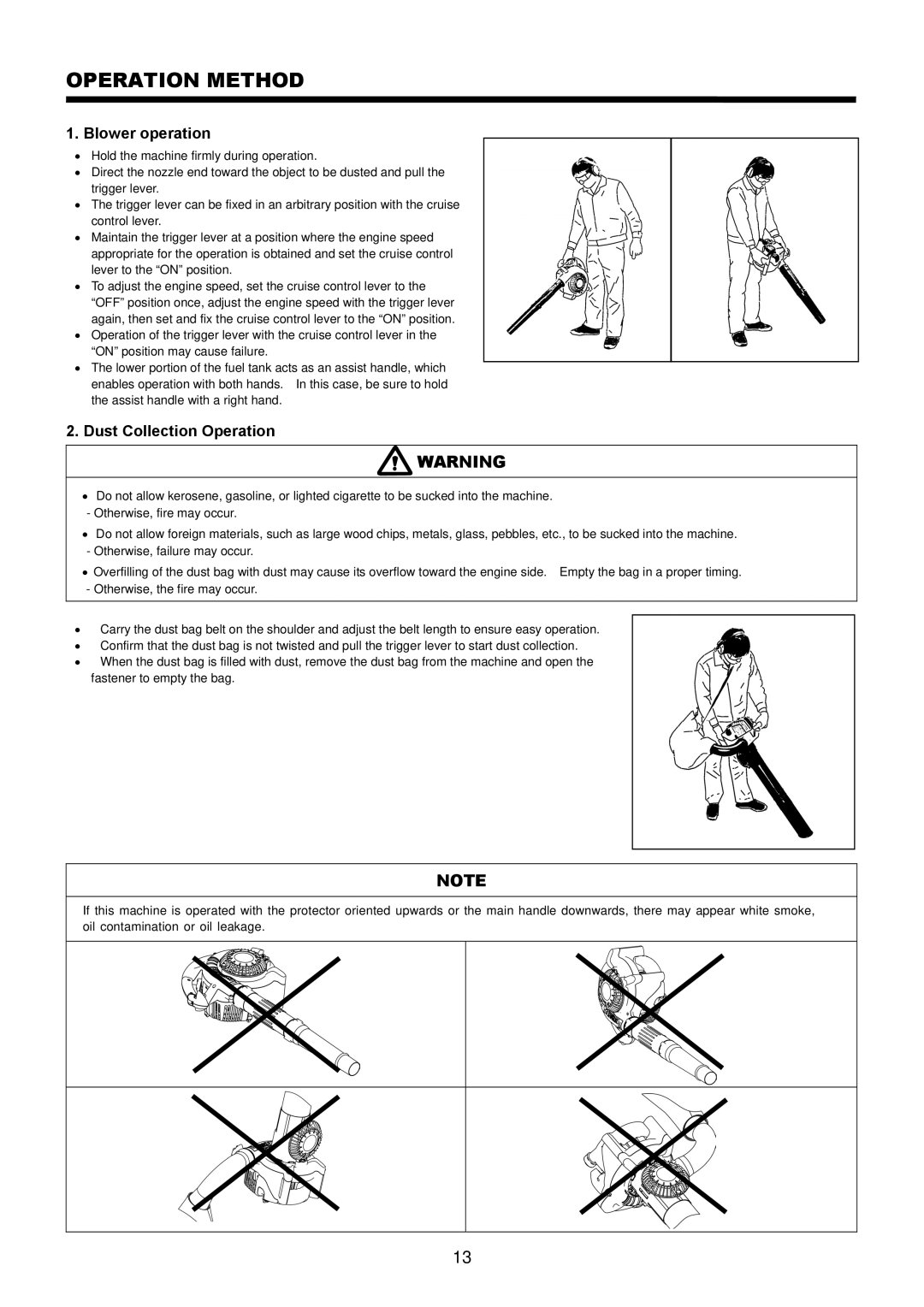 Makita BHX2500 instruction manual Operation Method, Blower operation, Dust Collection Operation 