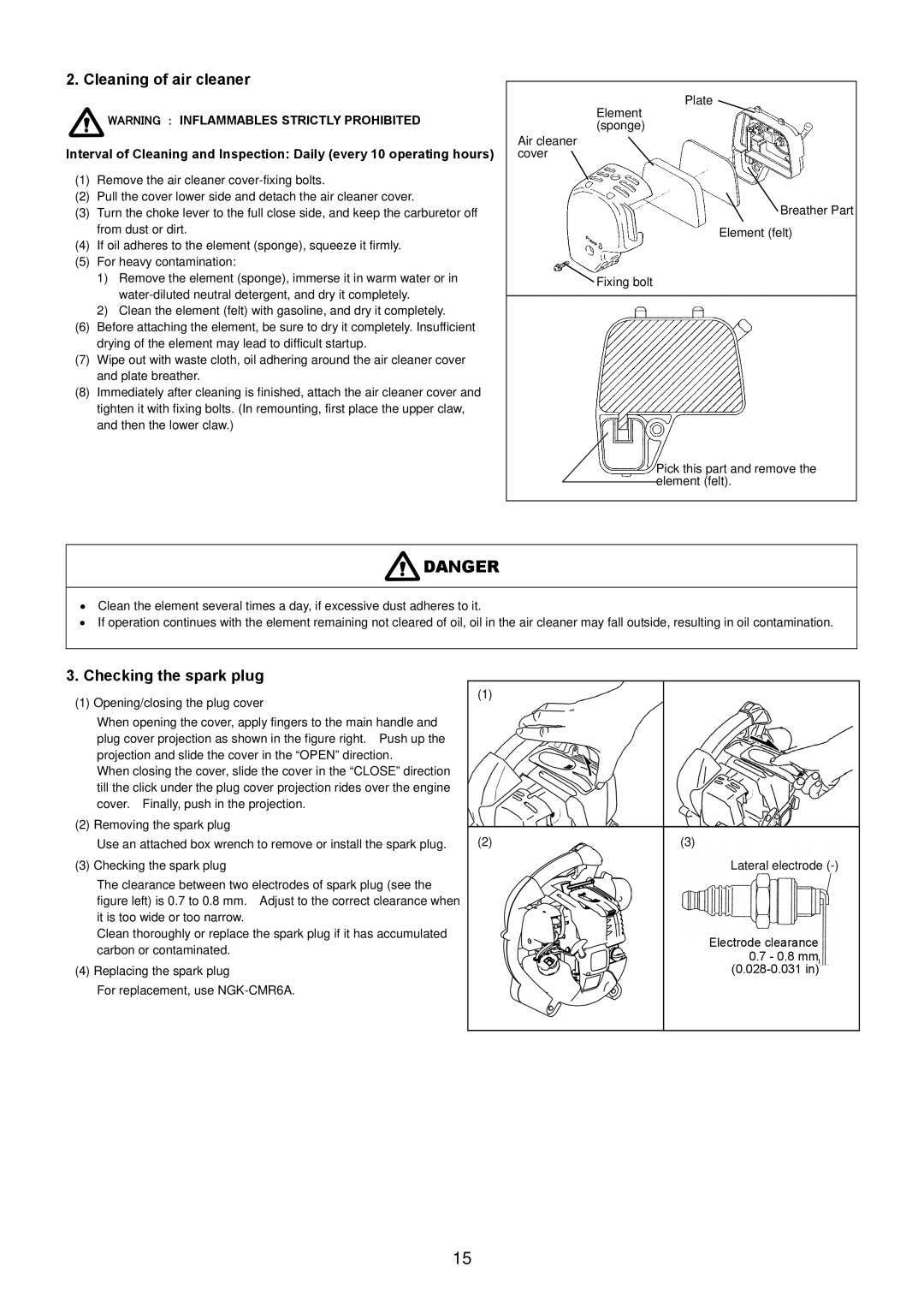 Makita BHX2500 instruction manual Cleaning of air cleaner, Checking the spark plug 