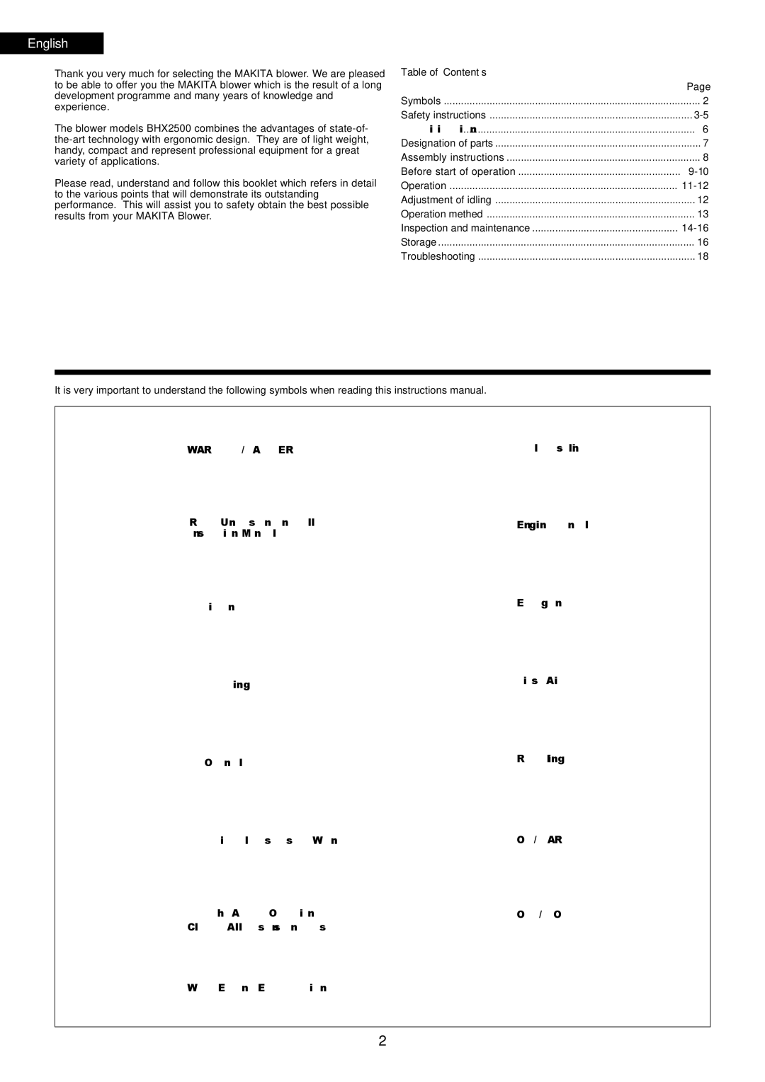 Makita BHX2500 instruction manual English, Table of Contents 