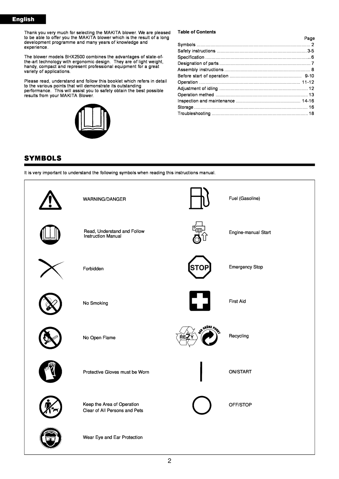 Makita BHX2500 instruction manual Symbols, English, Table of Contents 