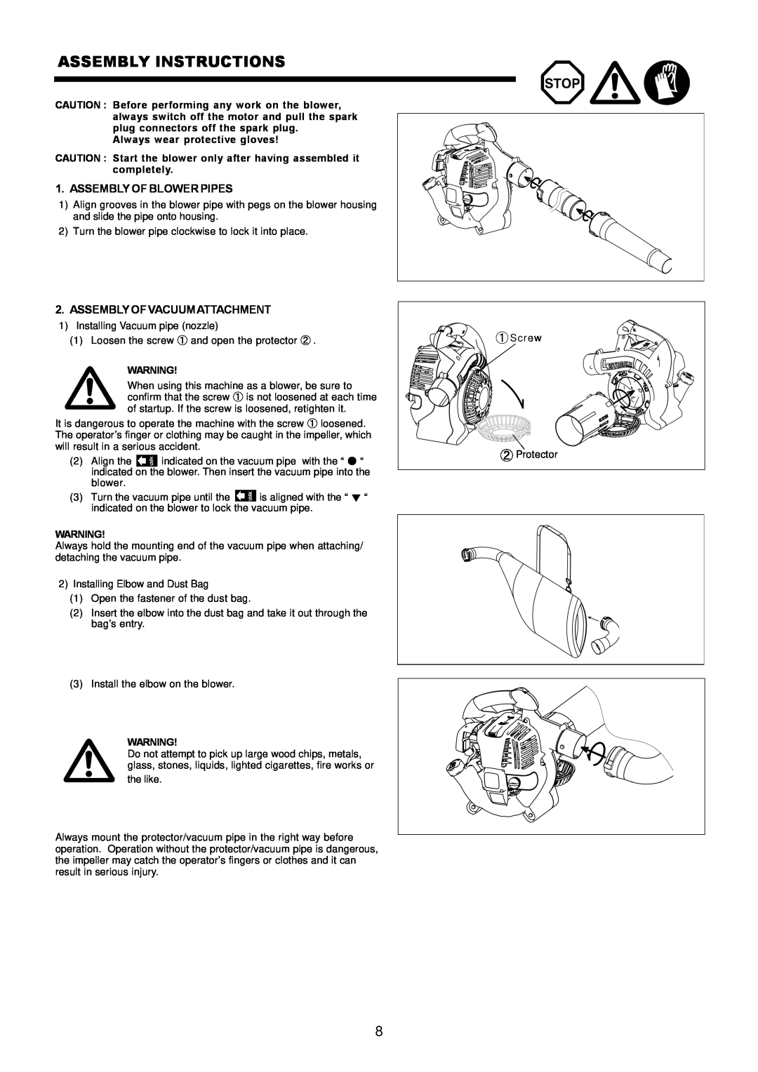 Makita BHX2500 Assembly Instructions, Assembly Of Blower Pipes, Assemblyof Vacuumattachment, Always wear protective gloves 