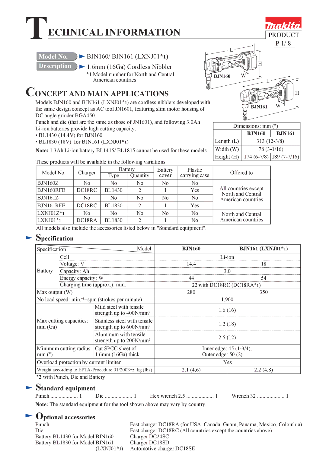 Makita BJN161 (LXNJ01*1) specifications Specification, Standard equipment, Optional accessories, BJN160 BJN161 LXNJ01 