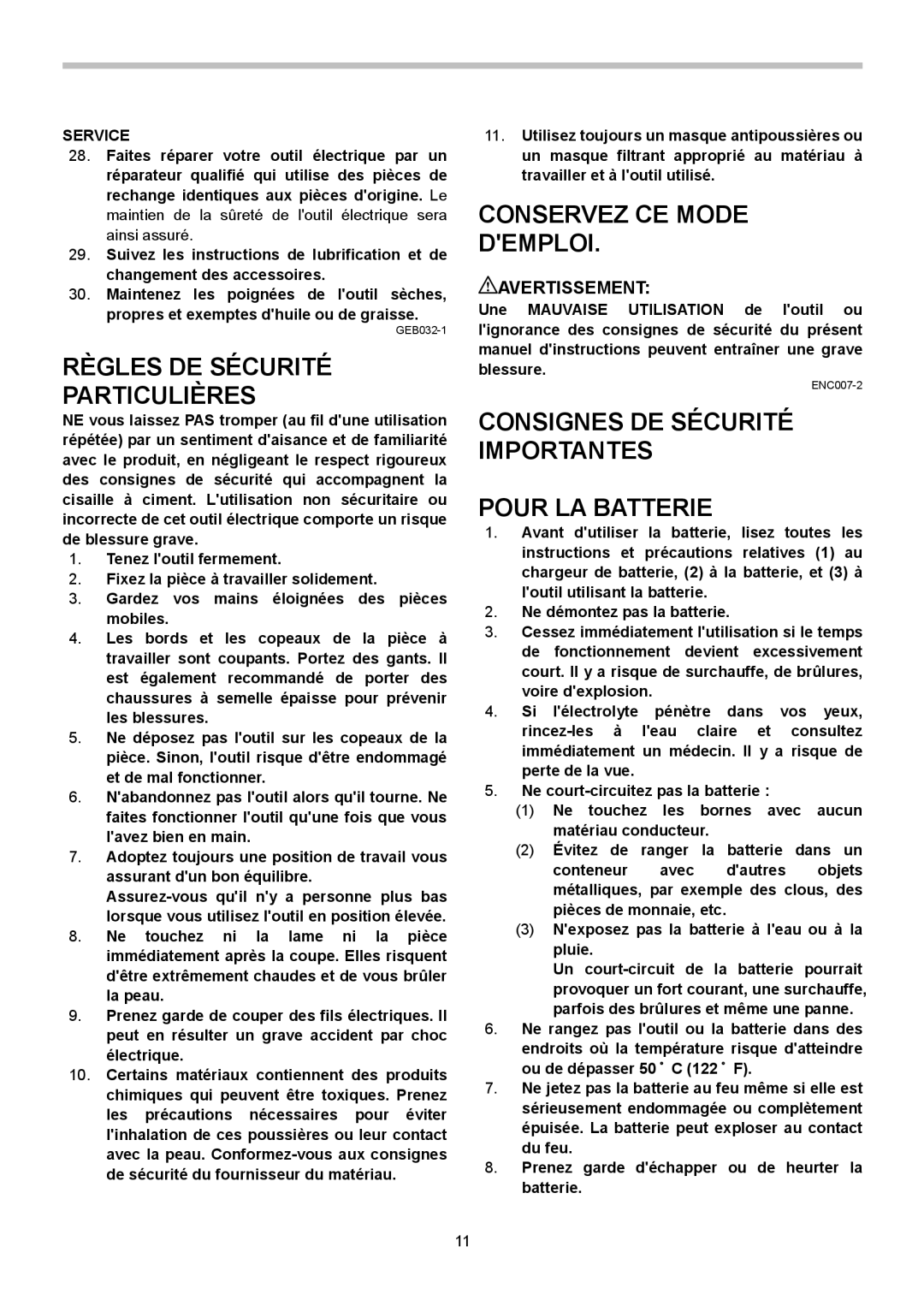 Makita BJS130 instruction manual Règles DE Sécurité Particulières, Consignes DE Sécurité Importantes Pour LA Batterie 