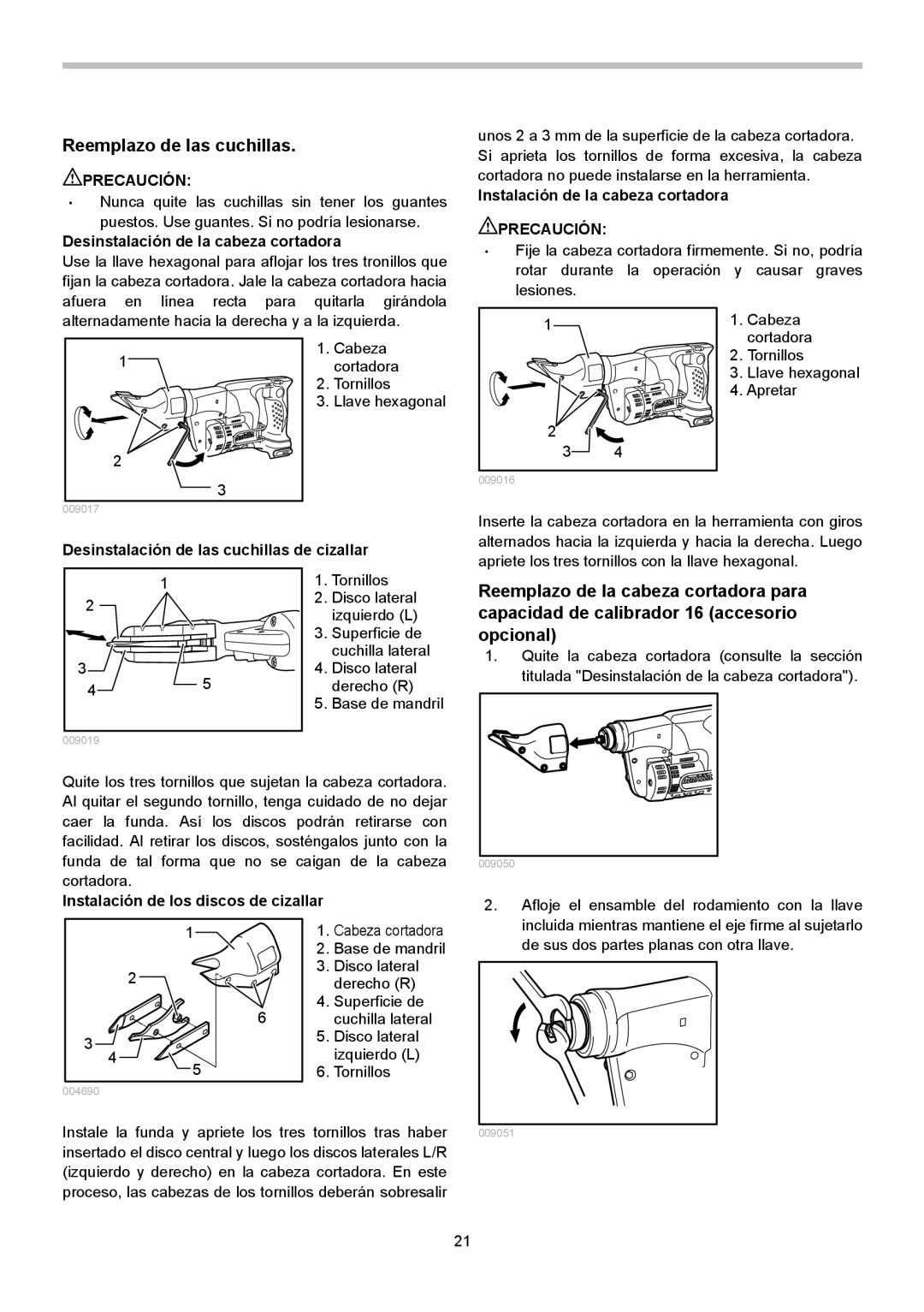 Makita BJS130 Reemplazo de las cuchillas, Desinstalación de la cabeza cortadora, Instalación de los discos de cizallar 