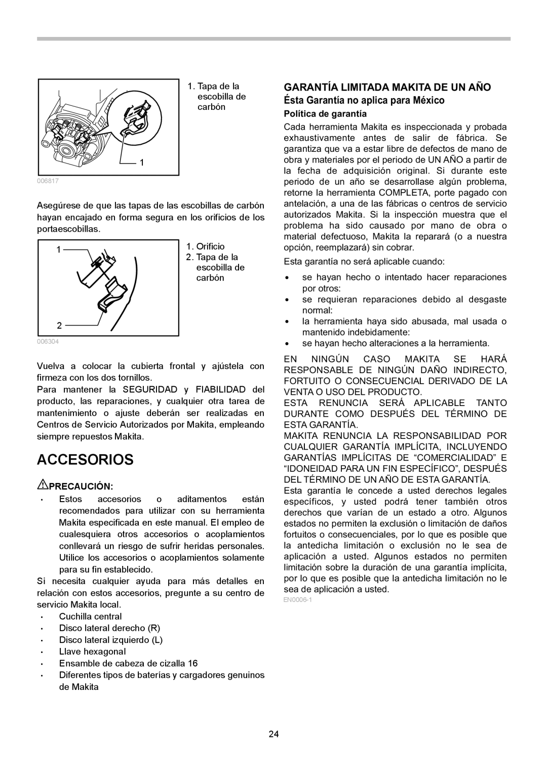 Makita BJS130 instruction manual Accesorios, Política de garantía 