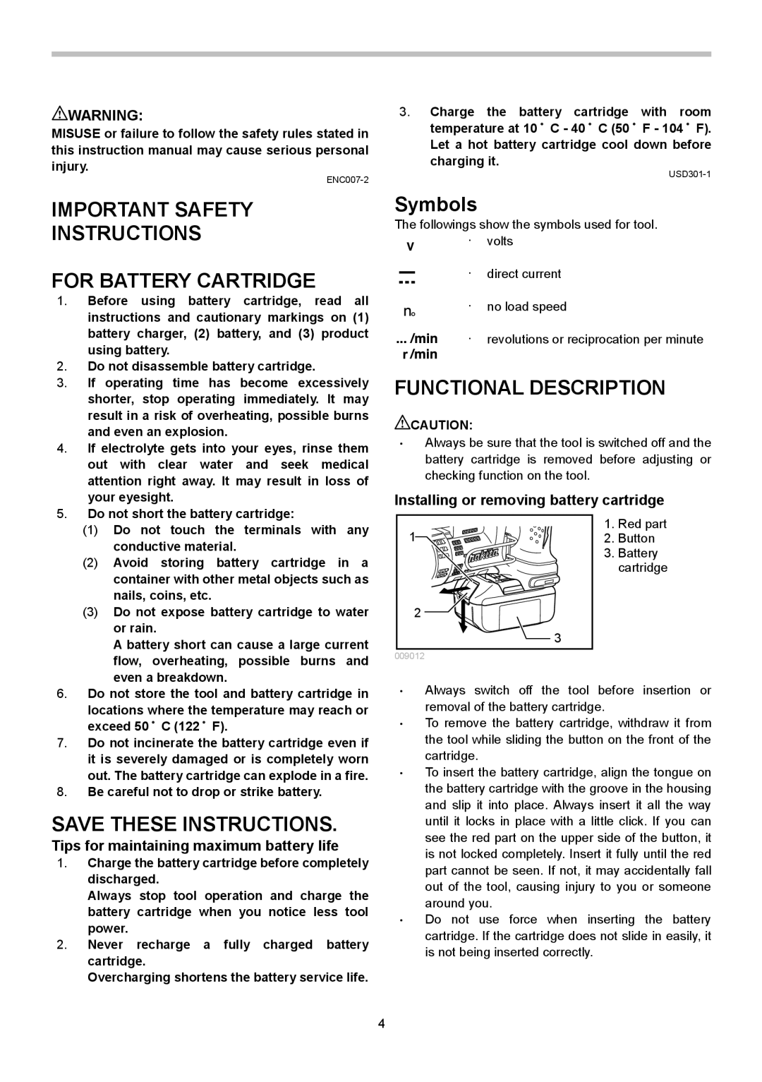 Makita BJS130 instruction manual Important Safety Instructions For Battery Cartridge, Functional Description 