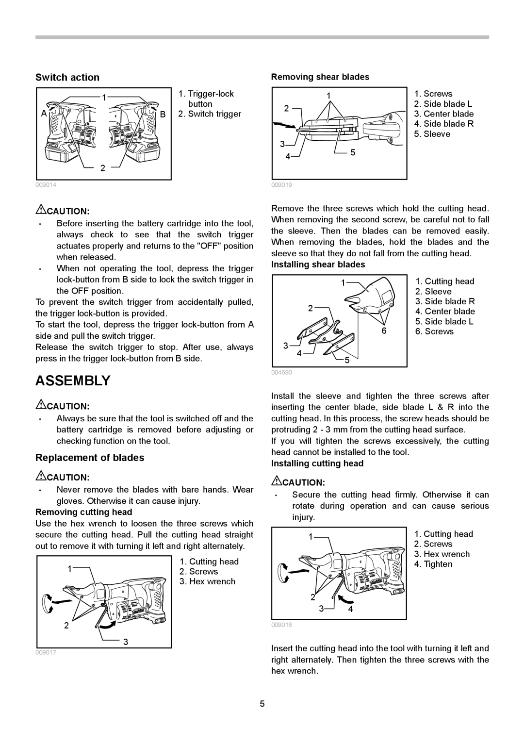 Makita BJS130 instruction manual Assembly, Switch action, Replacement of blades 