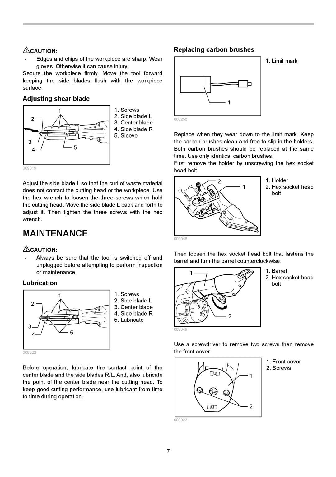 Makita BJS130 instruction manual Maintenance, Replacing carbon brushes, Adjusting shear blade, Lubrication 