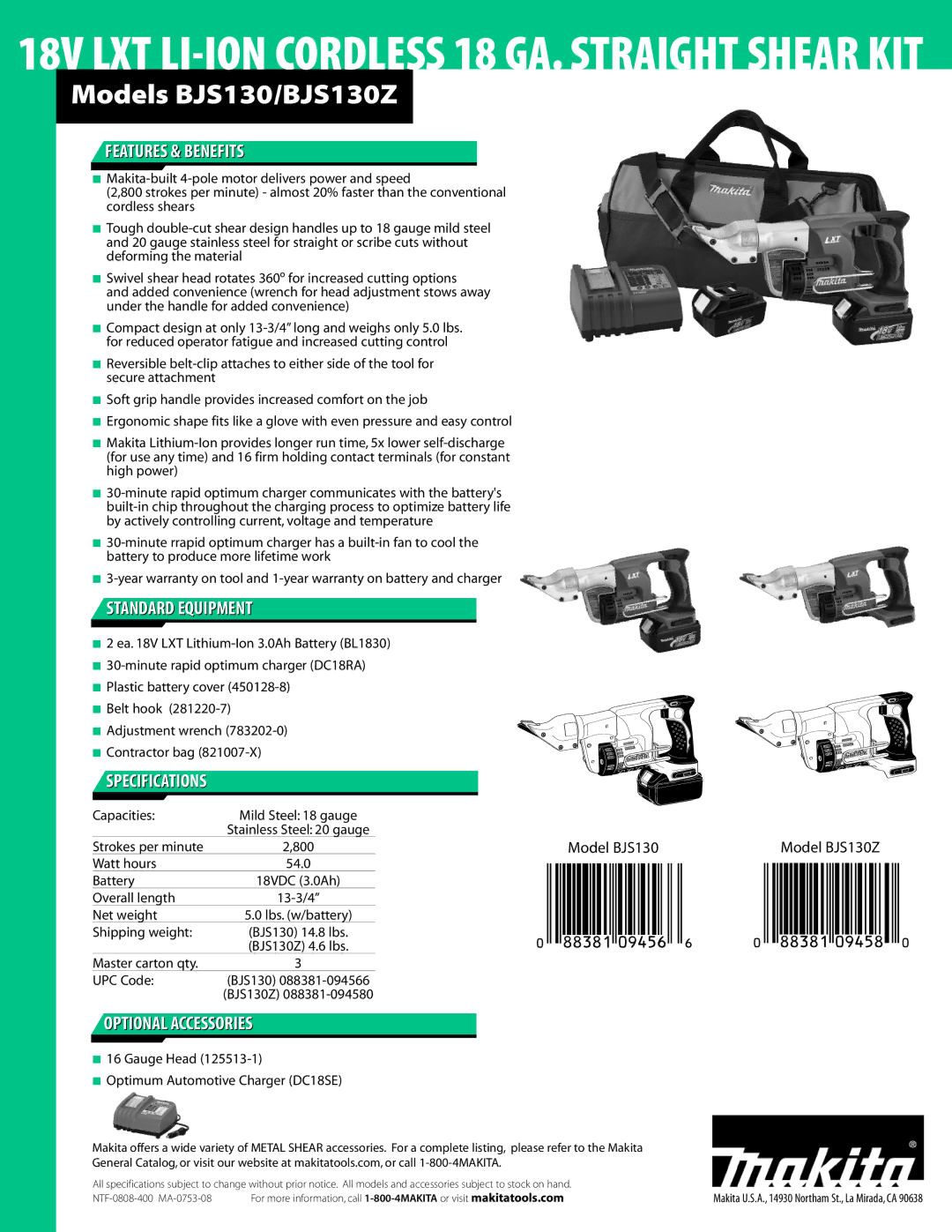 Makita BJS130Z manual Features & Benefits, Standard Equipment, Specifications, Optional Accessories 