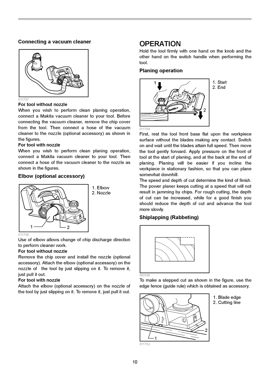 Makita BKP180 Operation, Connecting a vacuum cleaner, Elbow optional accessory, Planing operation, Shiplapping Rabbeting 