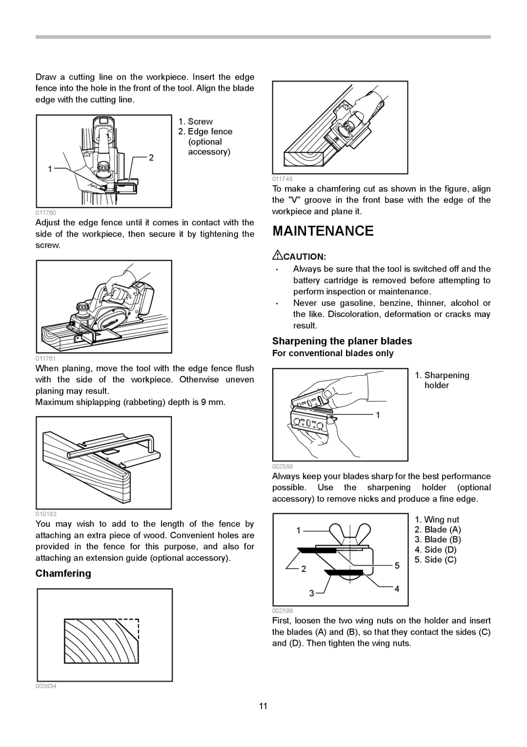 Makita BKP140, BKP180 instruction manual Maintenance, Chamfering, Sharpening the planer blades, For conventional blades only 