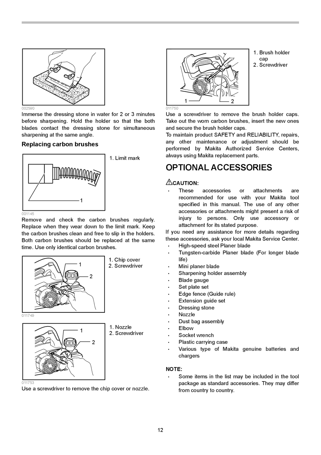 Makita BKP180, BKP140 instruction manual Optional Accessories, Replacing carbon brushes 