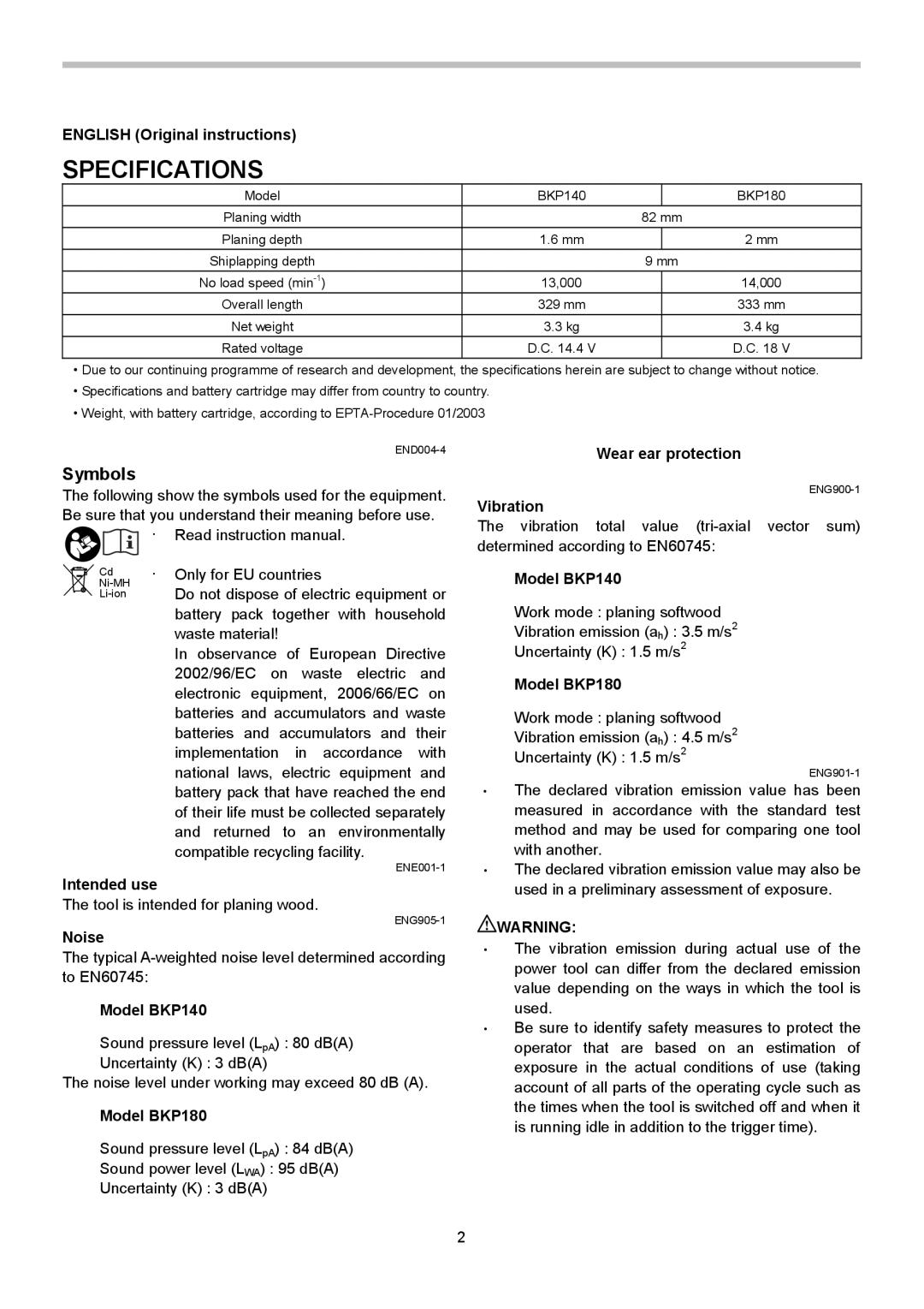 Makita BKP180, BKP140 instruction manual Specifications, Symbols 