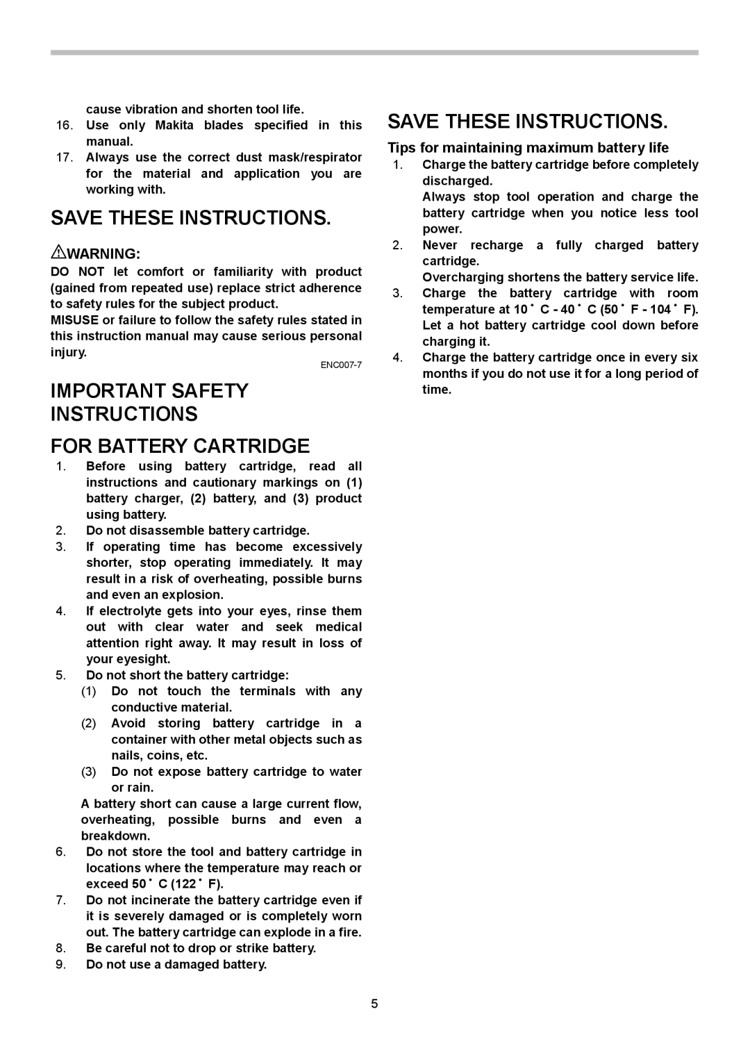 Makita BKP140, BKP180 Important Safety Instructions For Battery Cartridge, Tips for maintaining maximum battery life 