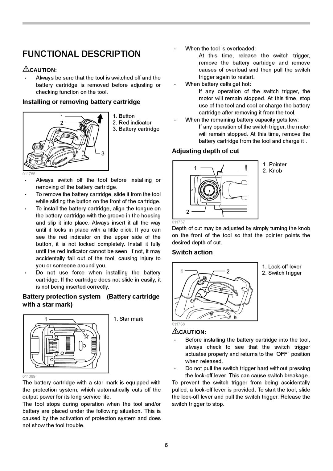 Makita BKP180 Functional Description, Installing or removing battery cartridge, Adjusting depth of cut, Switch action 