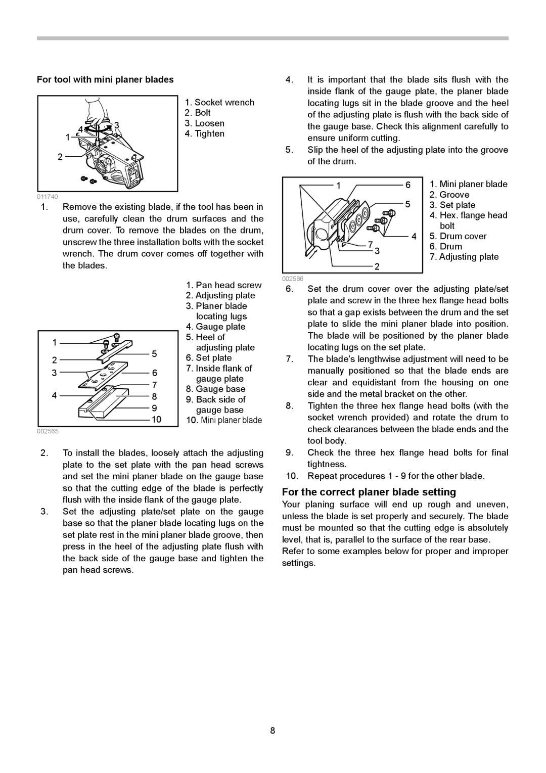 Makita BKP180, BKP140 instruction manual For the correct planer blade setting, For tool with mini planer blades 