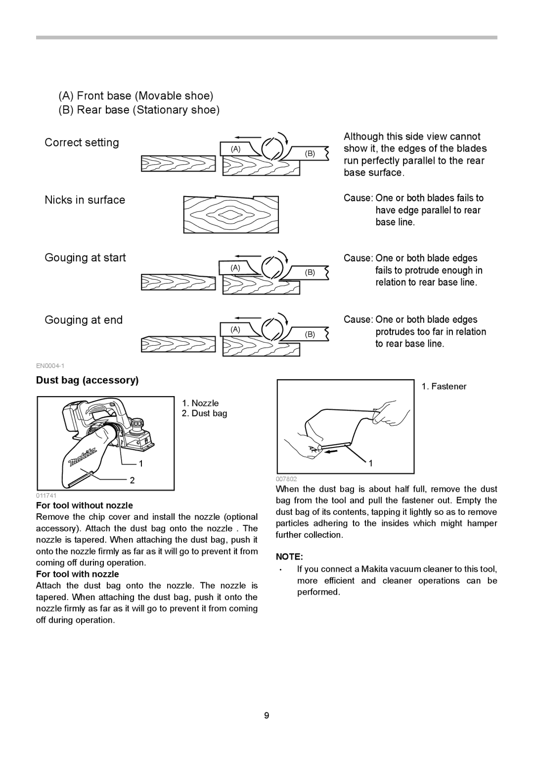 Makita BKP140, BKP180 instruction manual Dust bag accessory, For tool without nozzle, For tool with nozzle 