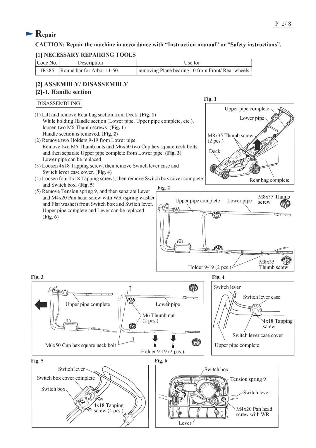 Makita BLM430, LM430D dimensions Repair, Handle section, Disassembling 