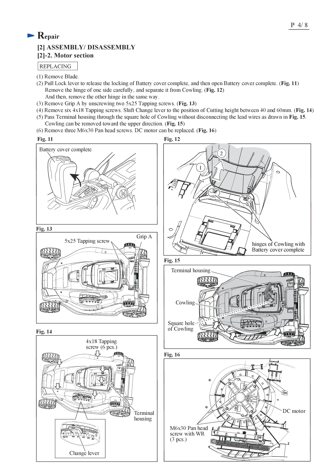 Makita BLM430, LM430D dimensions Motor section, Replacing 