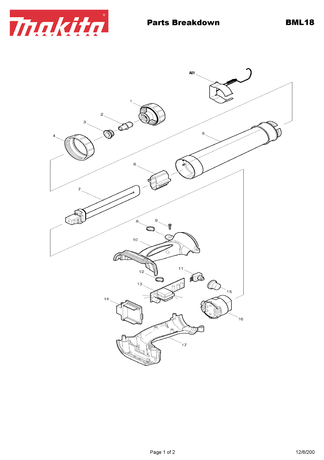 Makita BML18 manual Parts Breakdown 