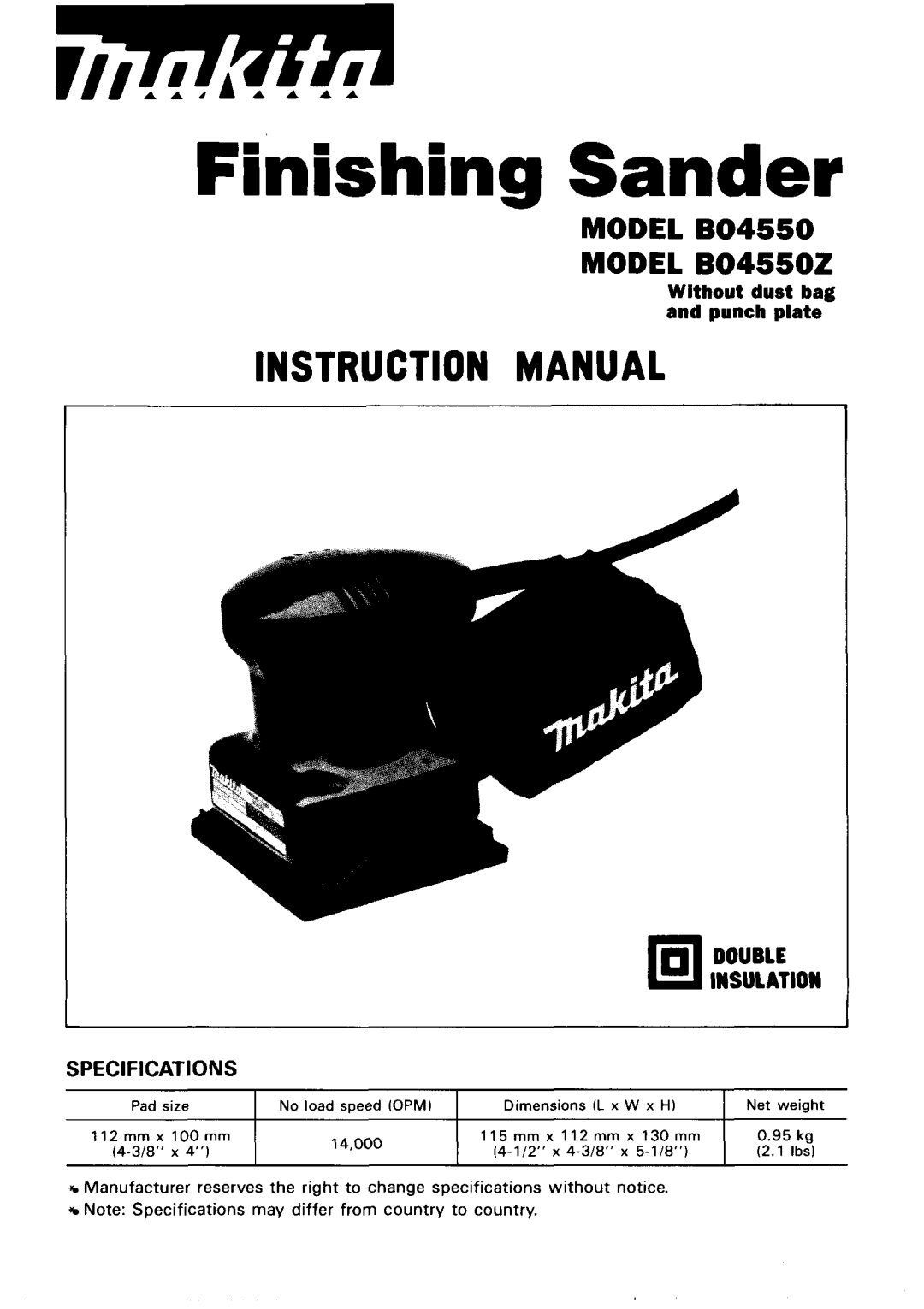 Makita BO45502 instruction manual Finishing Sander, Double Insulation 