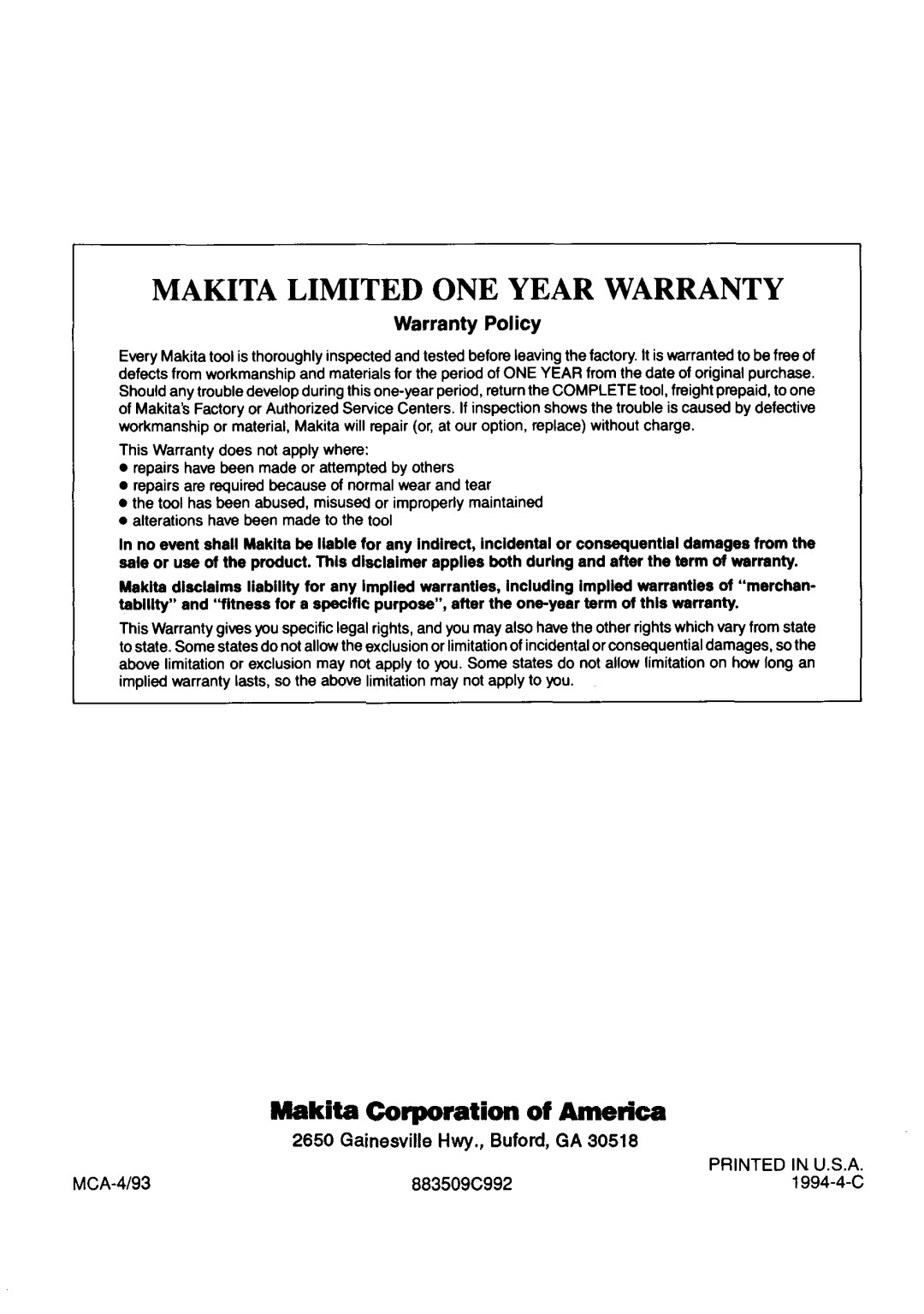 Makita BO45502 instruction manual Makita Limited ONE Year Warranty 